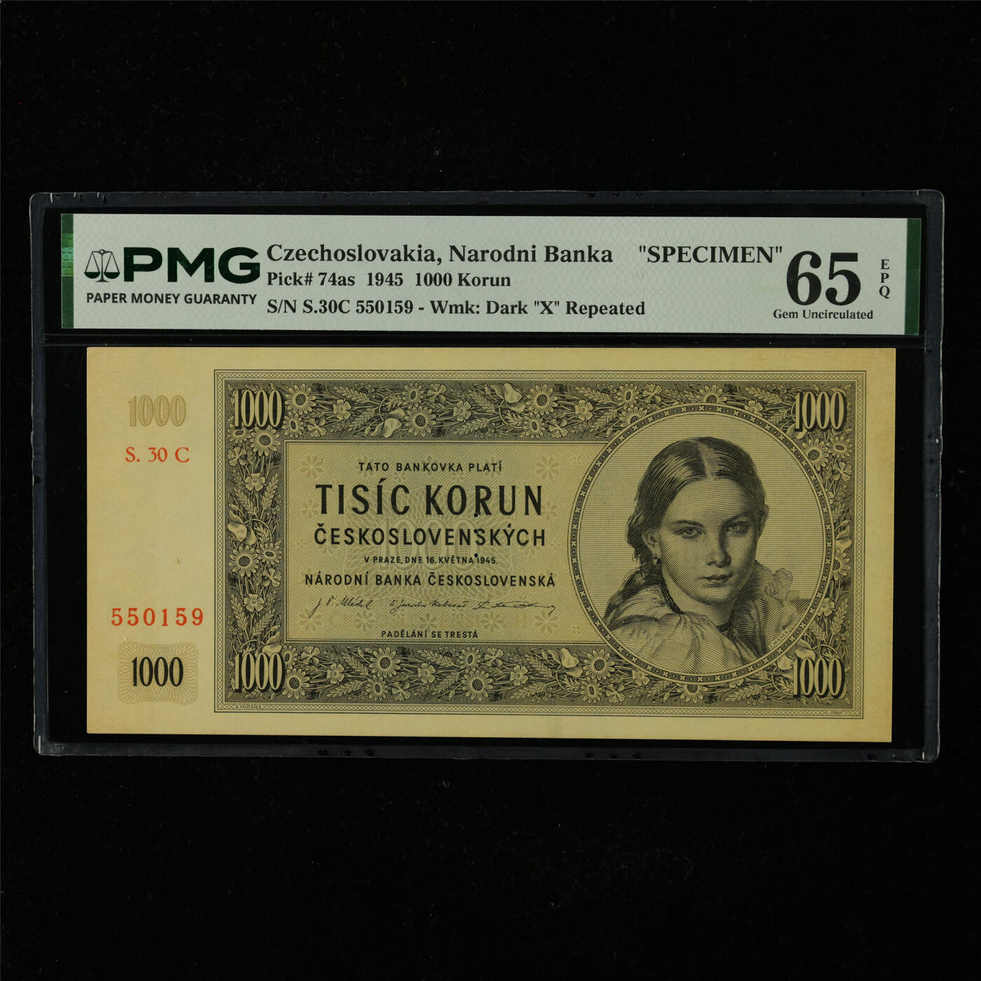 【亘邦集藏】第227期拍卖 1945年 捷克斯洛伐克国家银行样钞1000克朗 PMG 65EPQ S.30C 550159