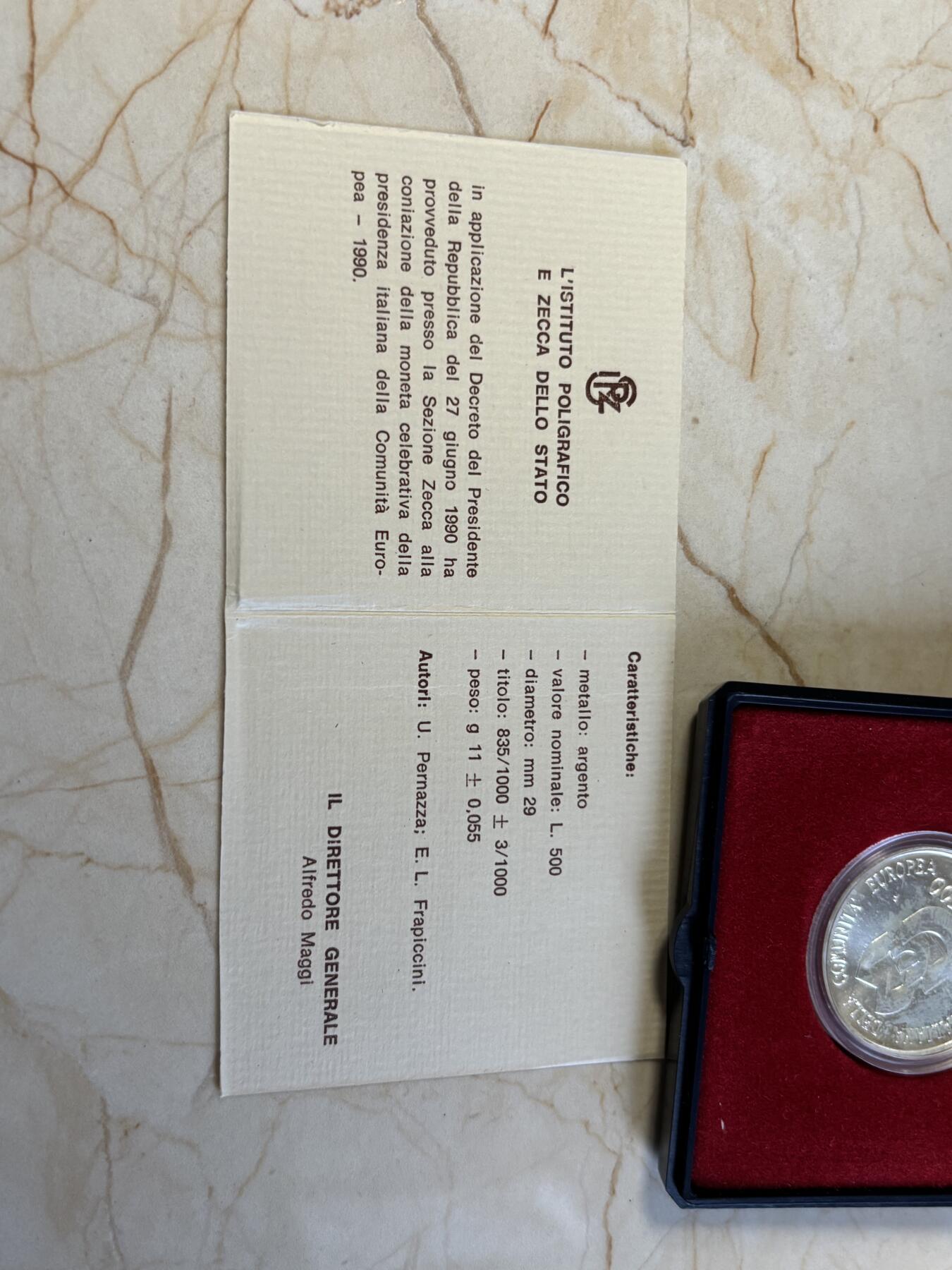 第197期拍卖 意大利1990年欧洲轮值主席国精制纪念银币原包装，835银，11克