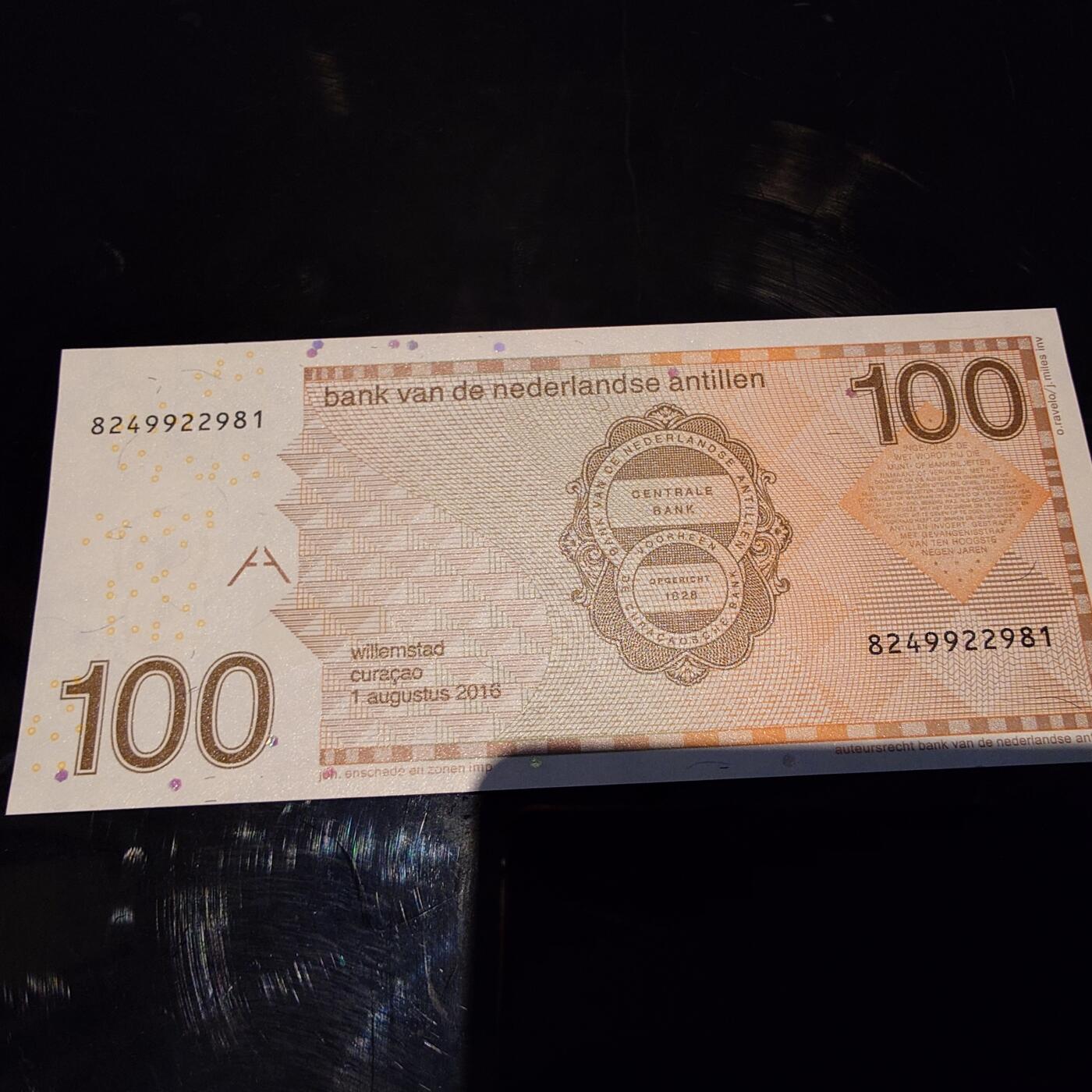 世界钱币～微拍第245期暨2026年第26期  新货卖剩品种部分上架提供选购 2016年荷属安地列斯群岛100盾 全新绝品尾号981
