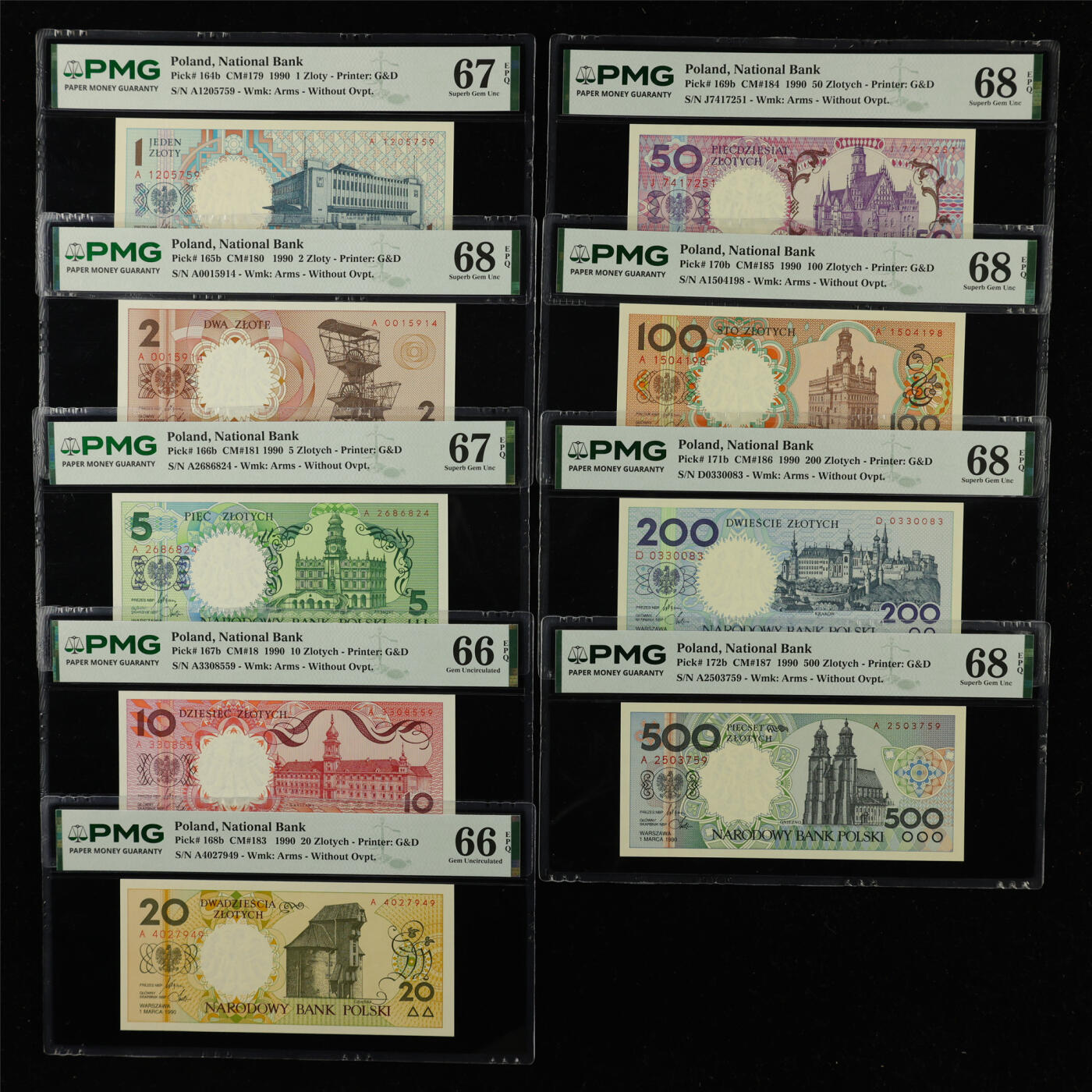 【亘邦集藏】第227期拍卖 1990年 波兰1-500兹罗提 PMG 66/ 67/ 68EPQ