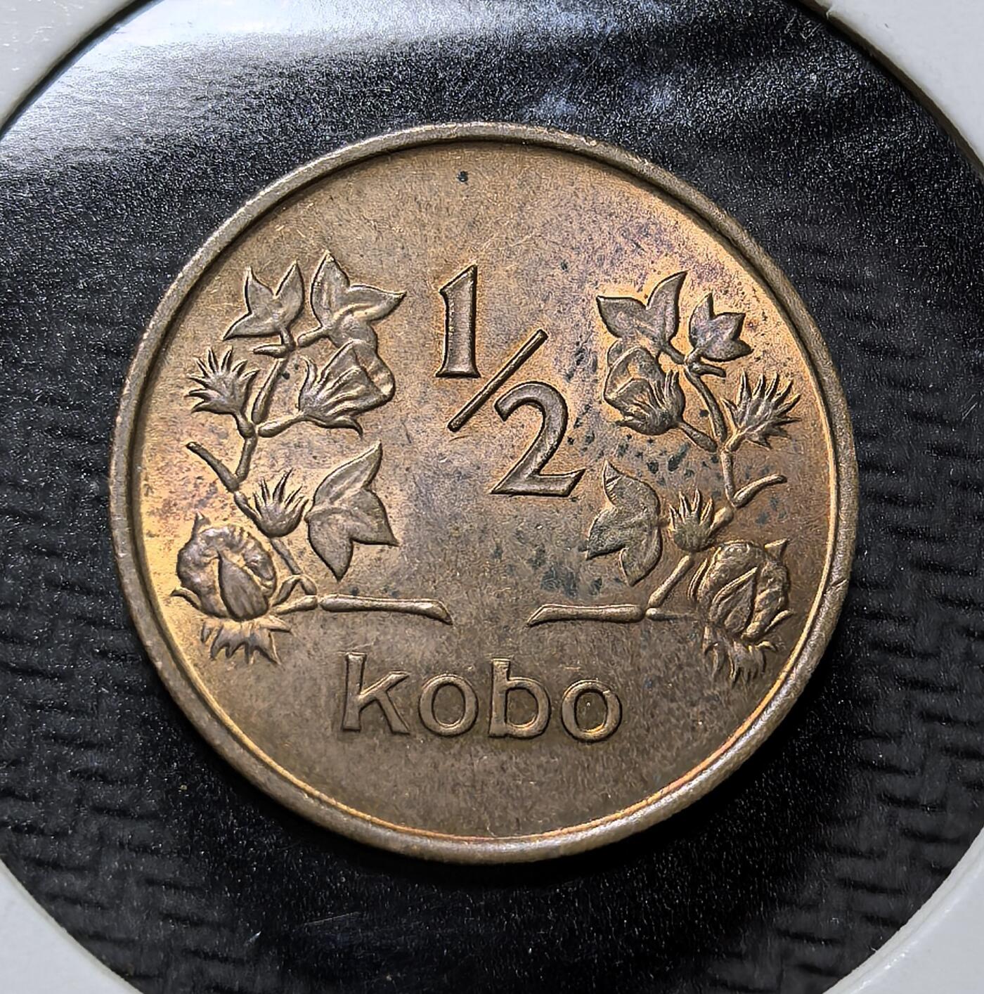 外国优质老铜币纪念币银币专场，周六晚上九点倒数截拍，满百包邮，周日发货,可寄存半年，喜欢朋友微信扫描二维码可直接参拍 尼日利亚1973 年棉花1/2 考包铜币。正面为尼日利亚国徽，背面以棉花图案彰显其农业经济特色，是尼日利亚独立后十进制货币体系的流通辅币，见证非洲国家货币自主进程。