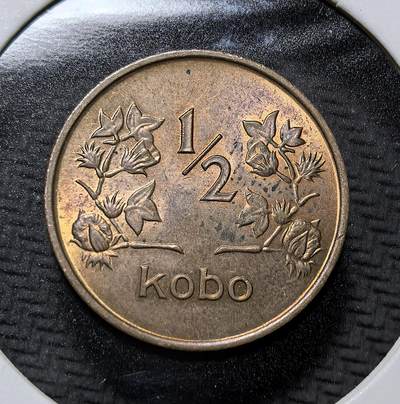 外国优质老铜币纪念币银币专场，周六晚上九点倒数截拍，满百包邮，周日发货,可寄存半年，喜欢朋友微信扫描二维码可直接参拍 - 尼日利亚1973 年棉花1/2 考包铜币。正面为尼日利亚国徽，背面以棉花图案彰显其农业经济特色，是尼日利亚独立后十进制货币体系的流通辅币，见证非洲国家货币自主进程。