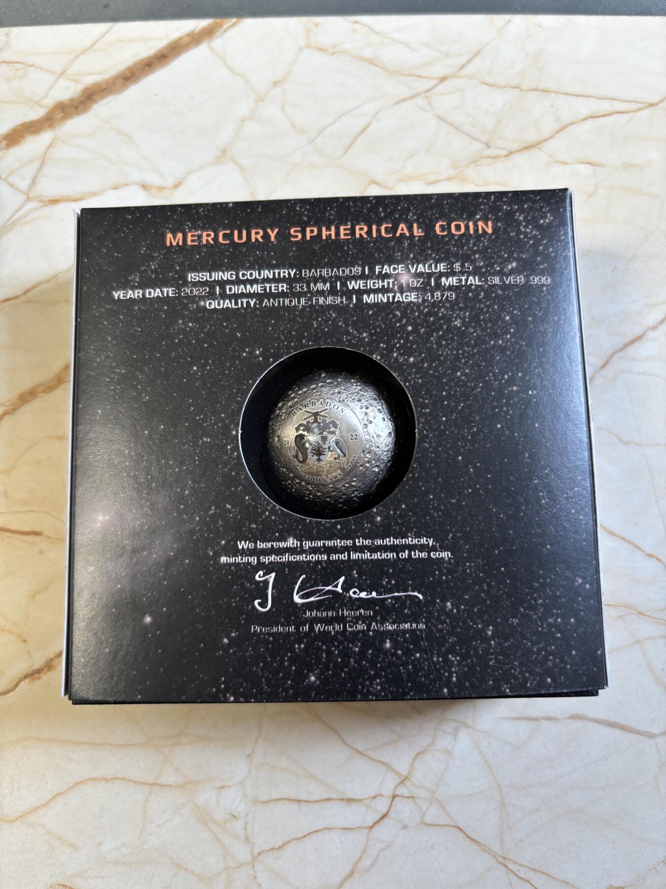 第197期拍卖 巴巴多斯2022年太阳系-水星1盎司,3D立体球形仿古银币，999银，发行4879枚