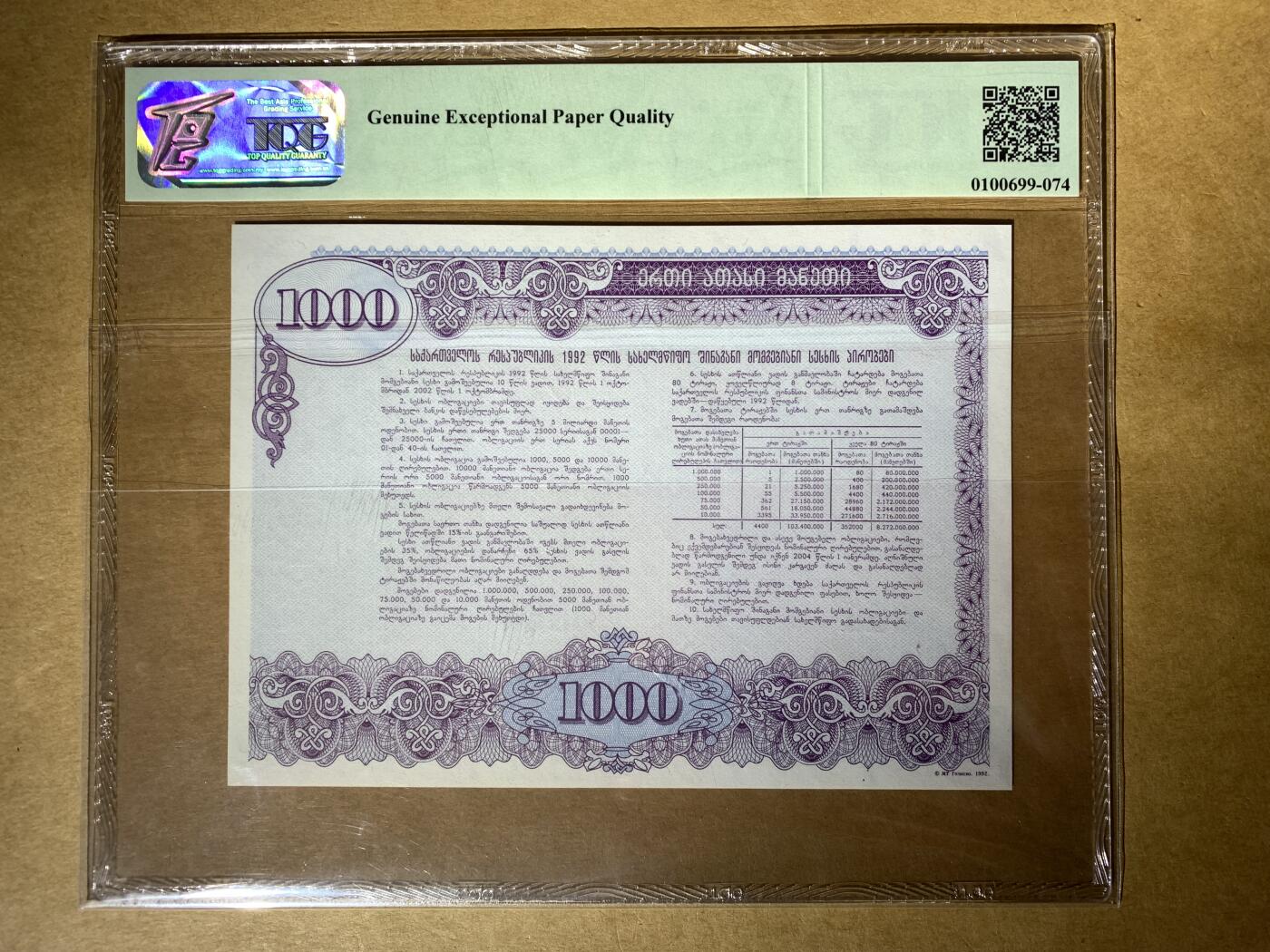 【礼羽收藏】🌏世界钱币拍卖第132期 【011 20853】1992年格鲁吉亚国家银行1000拉里债券，Pick#TBD，011冠，无47尾853 永恒号，TQG68 GEM EPQ 高分评级