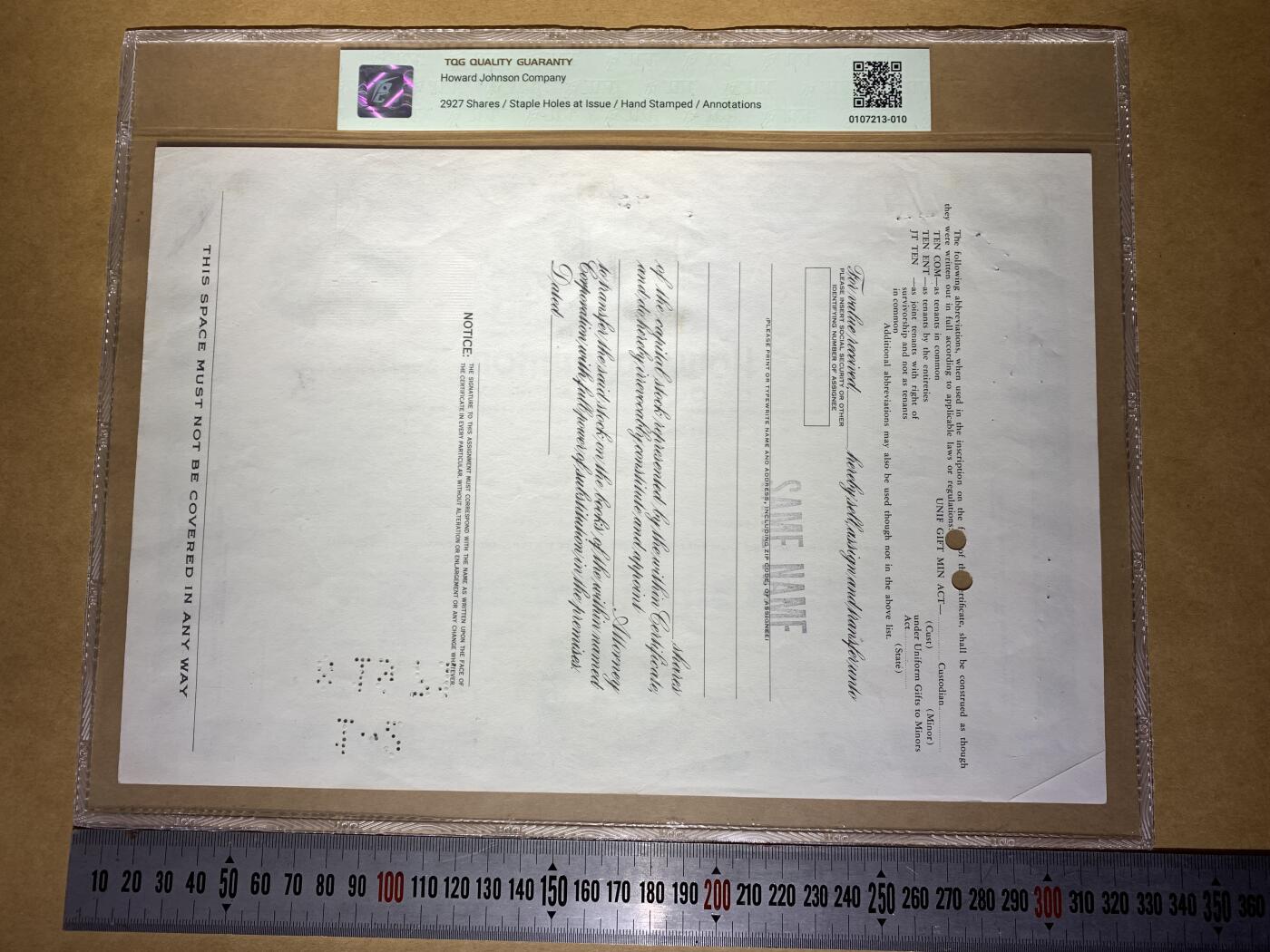 【礼羽收藏】🌏世界钱币拍卖第132期 【NU 49917】1971年美国霍华德·约翰逊公司2927股普通股凭证，每股面值1美元，NU冠，TGG62 UNC 评级