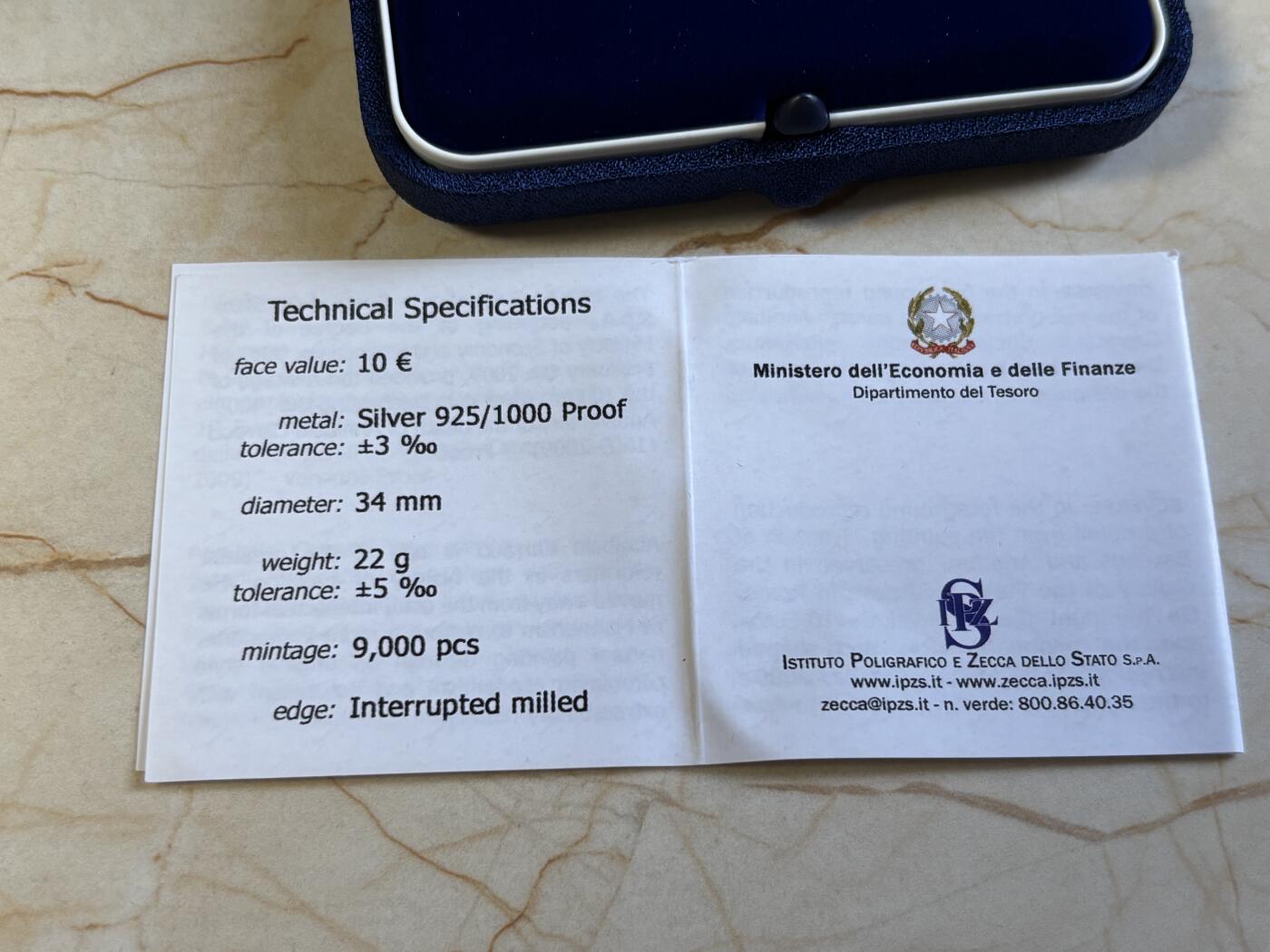 第197期拍卖 意大利2009年画家卡拉奇逝世400周年精制纪念银币，925银，22克，发行9000枚，有氧化