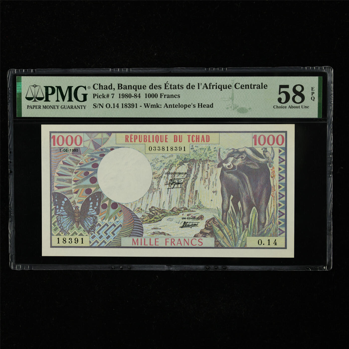 【亘邦集藏】第227期拍卖 1980-84年 乍得1000法郎 PMG 58EPQ O.14 18391