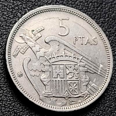 泉币菌-第223场-拍品多 请提前出价(工作原因  发货比较迟缓 已在拍卖规则里面说明 望理解) - 1957年 西班牙5比塞塔 直径23mm 弗朗哥鹰徽 