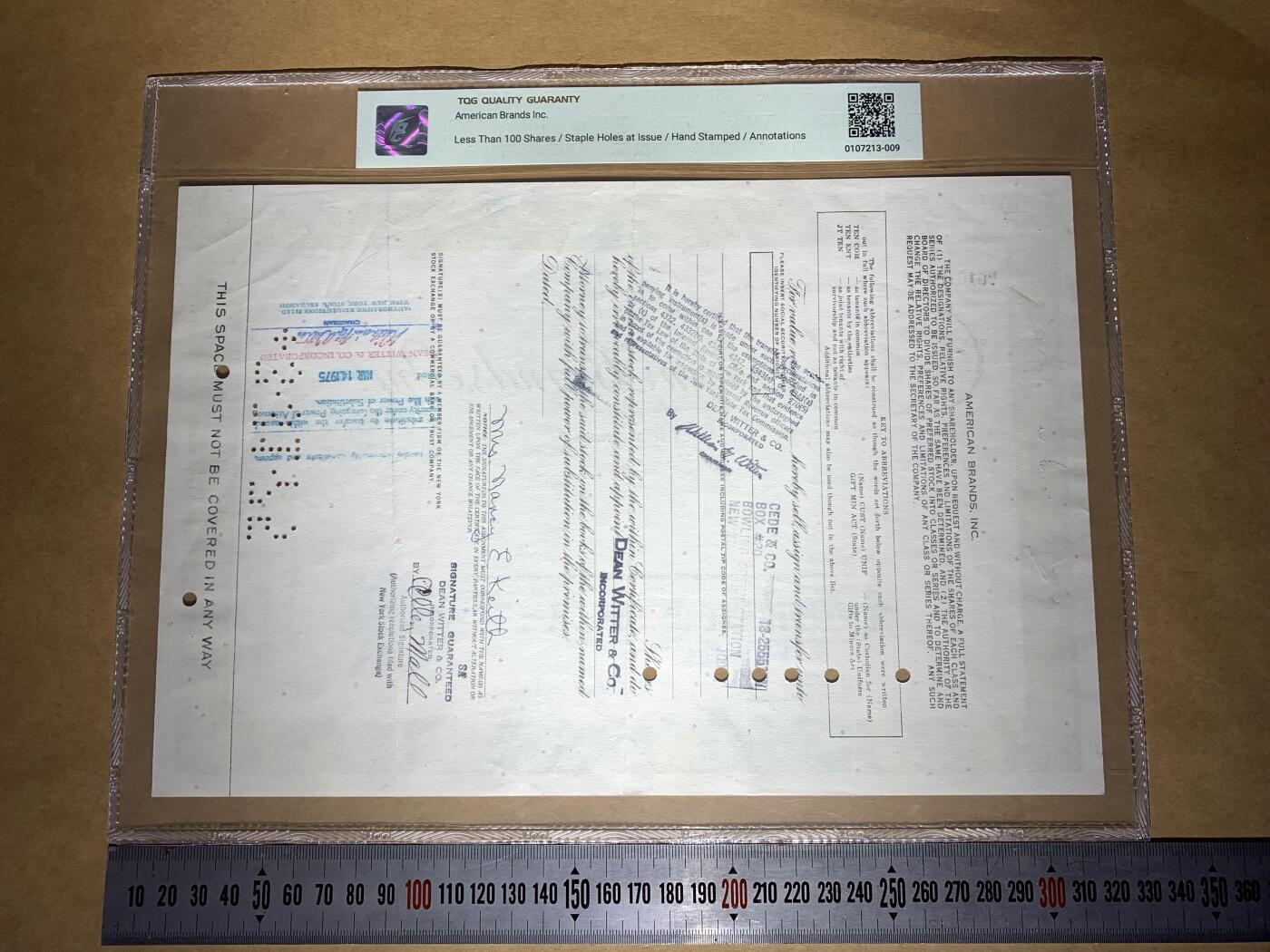 【礼羽收藏】🌏世界钱币拍卖第132期 【V0101034】1974年美国American Brands公司10股普通股凭证，每股面值30美元，V冠，全小号，TGG45 VF 评级