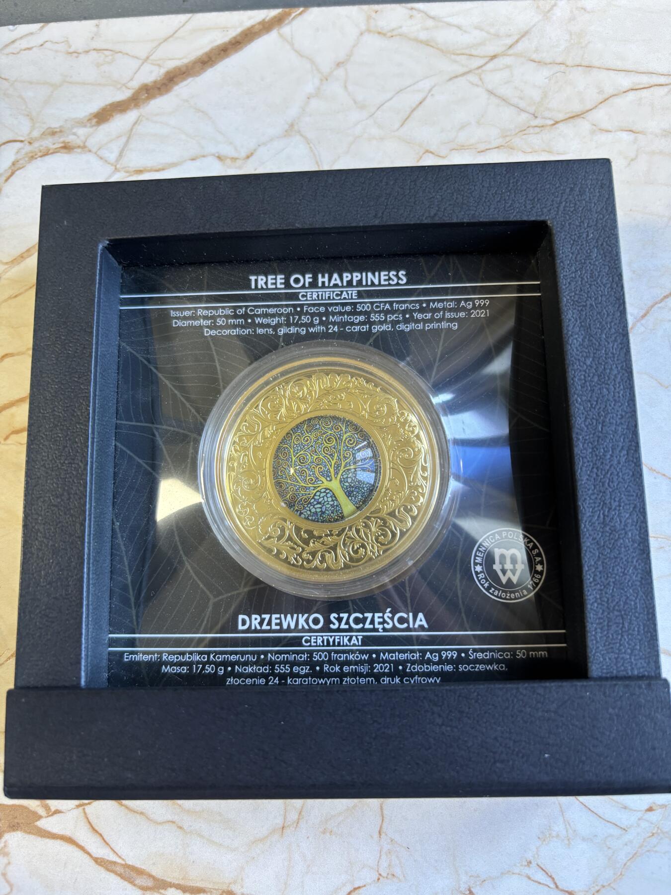 第197期拍卖 喀麦隆2021年幸运树2镶嵌彩色精制双面镀金银币17.5克，999银，发行555枚