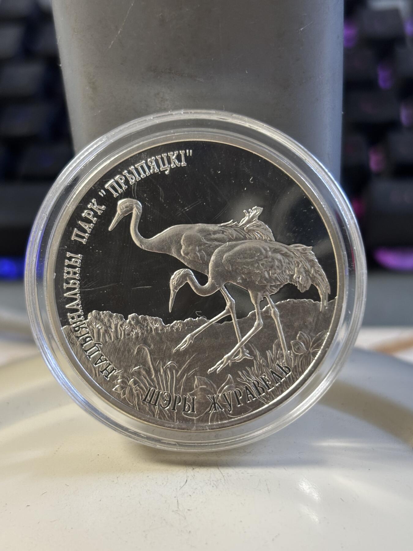 第197期拍卖 ·白俄罗斯2004年珍稀动物银灰色鹤1盎司纪念银币，925银，发行量2000枚，有氧化