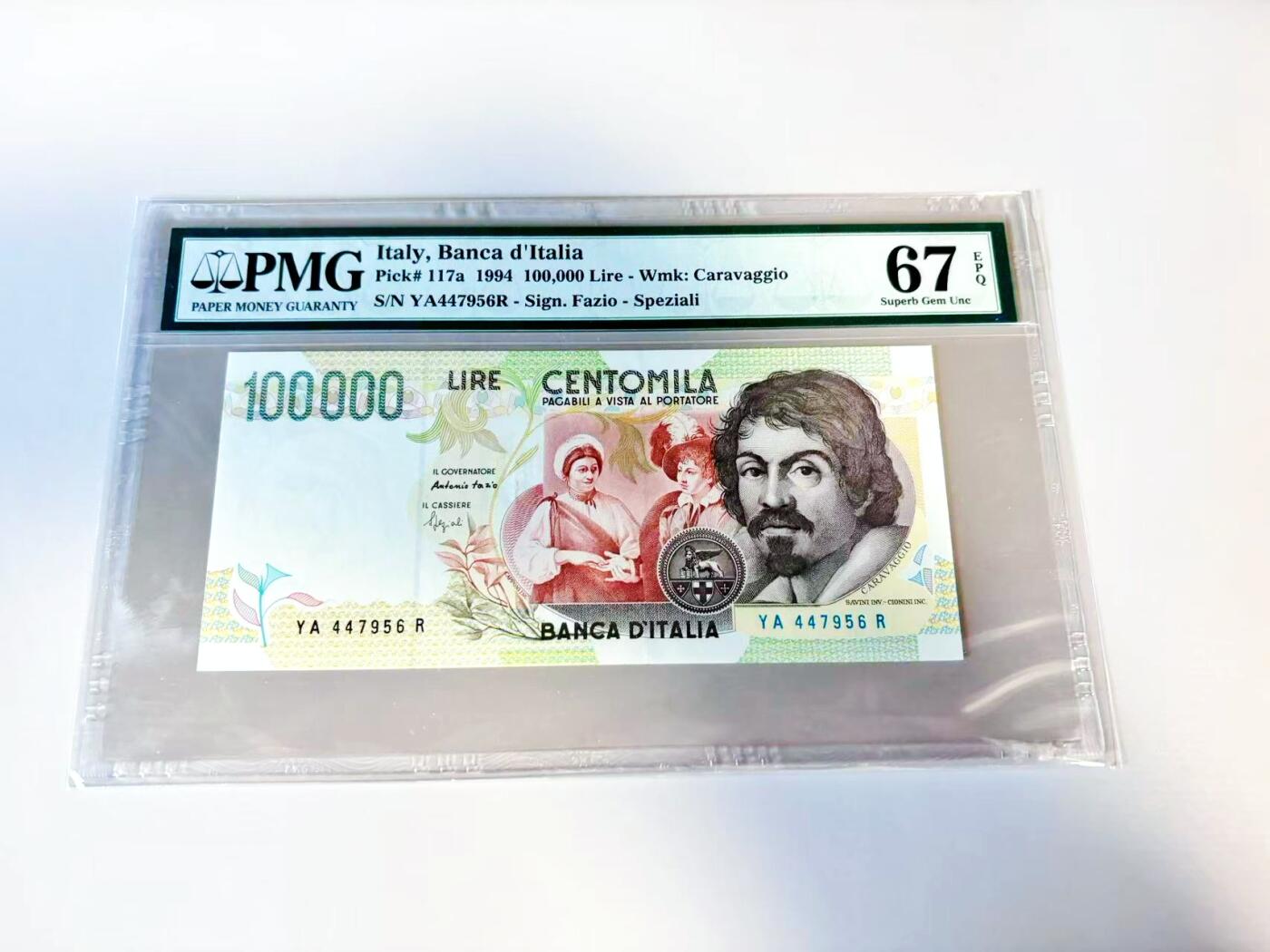 【Blue Auction】世界纸币精拍第807期——18级TOP拍卖/信誉/品质/专业/高效💫 意大利 1994年10万里拉 PMG67EPQ