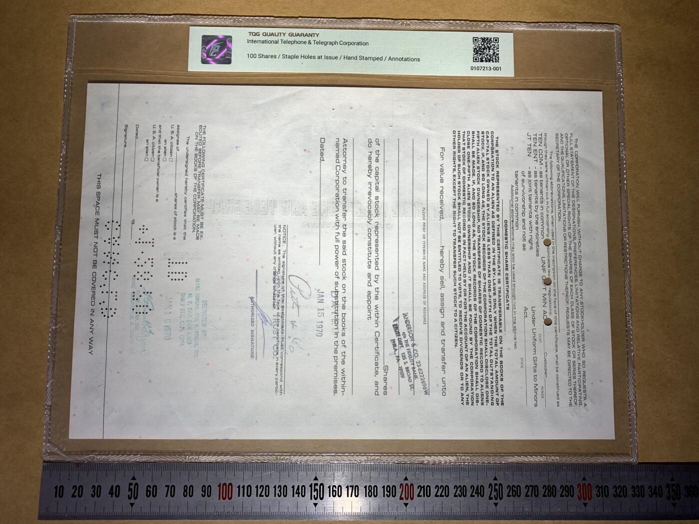 【礼羽收藏】🌏世界钱币拍卖第132期 【D650177】1968年国际电话电报公司（ITT）100股普通股凭证，每股面值1美元，评级TQG64分，保存状态很好
