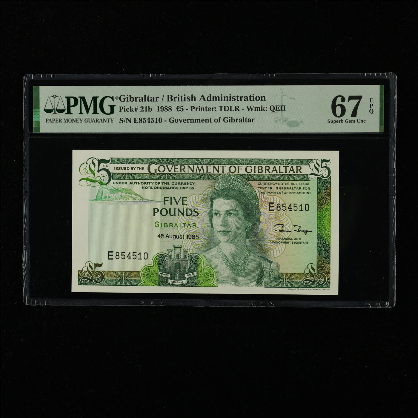 【亘邦集藏】第226期拍卖 1988年 直布罗陀5镑 PMG 67EPQ E854510