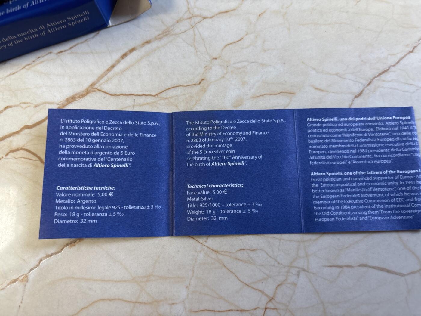 第197期拍卖 意大利2007年政治家斯皮内利诞辰百年磨砂纪念银币，925银，18克