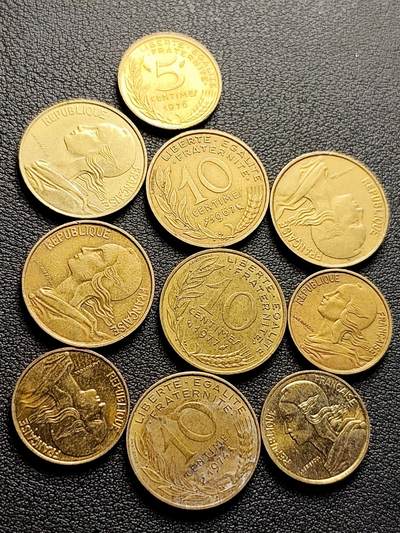 泉币菌-第223场-拍品多 请提前出价(工作原因  发货比较迟缓 已在拍卖规则里面说明 望理解) - 10枚一组 女神铜币 法国各面值生丁 铜币