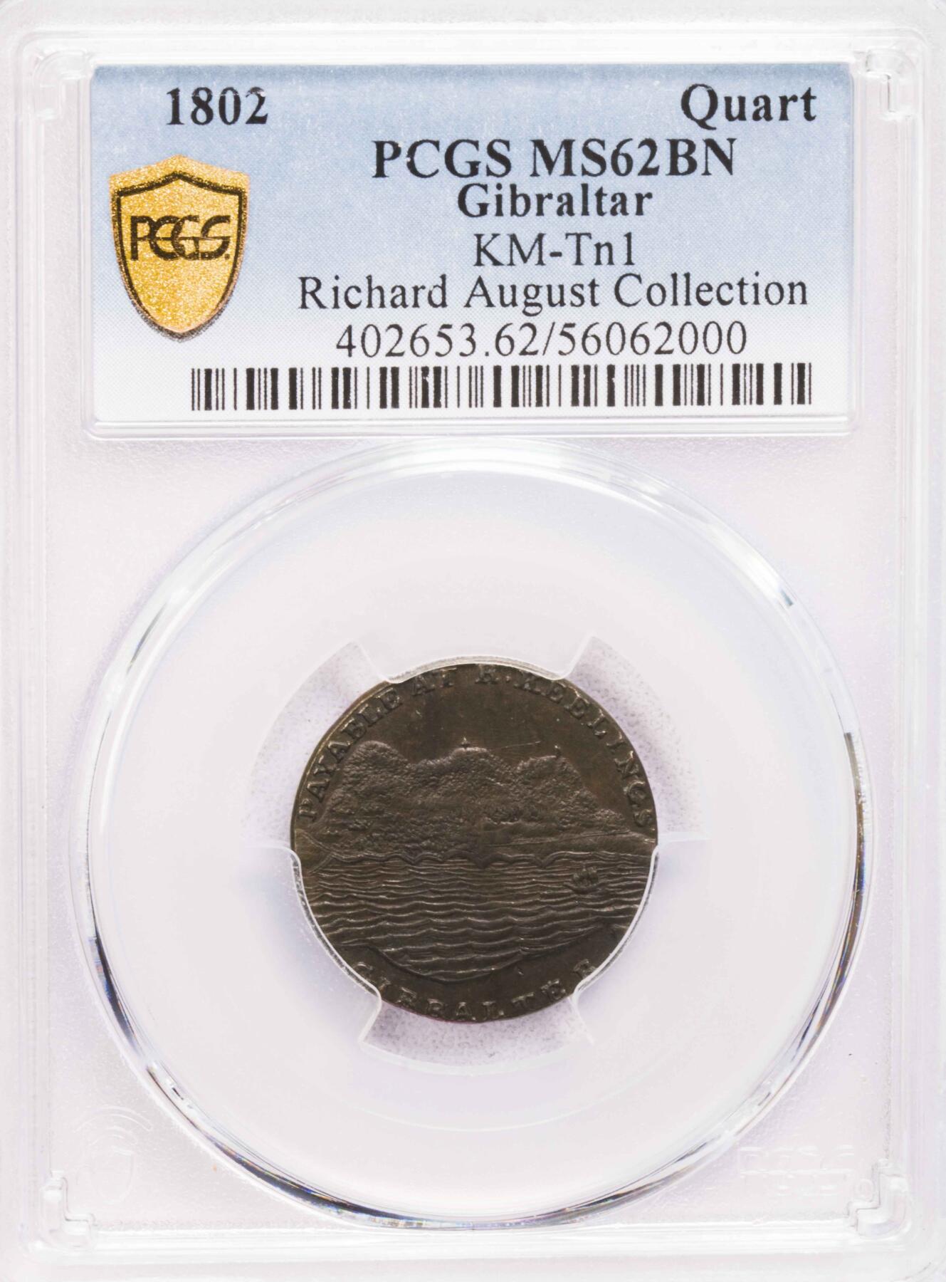 PCGS-MS62 1802直布罗陀海景1夸脱铜币 唯一冠军名家旧藏