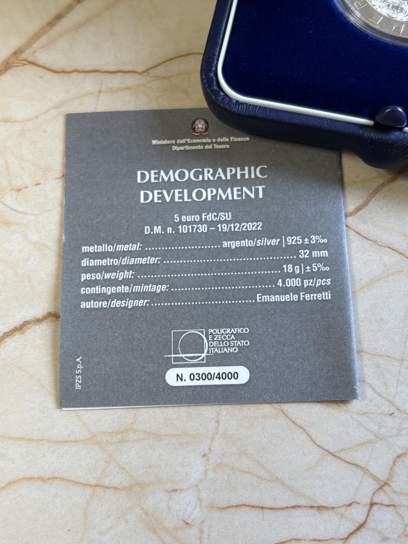 第197期拍卖 意大利2023年人口发展5欧纪念银币，925银，18克，发行4000枚