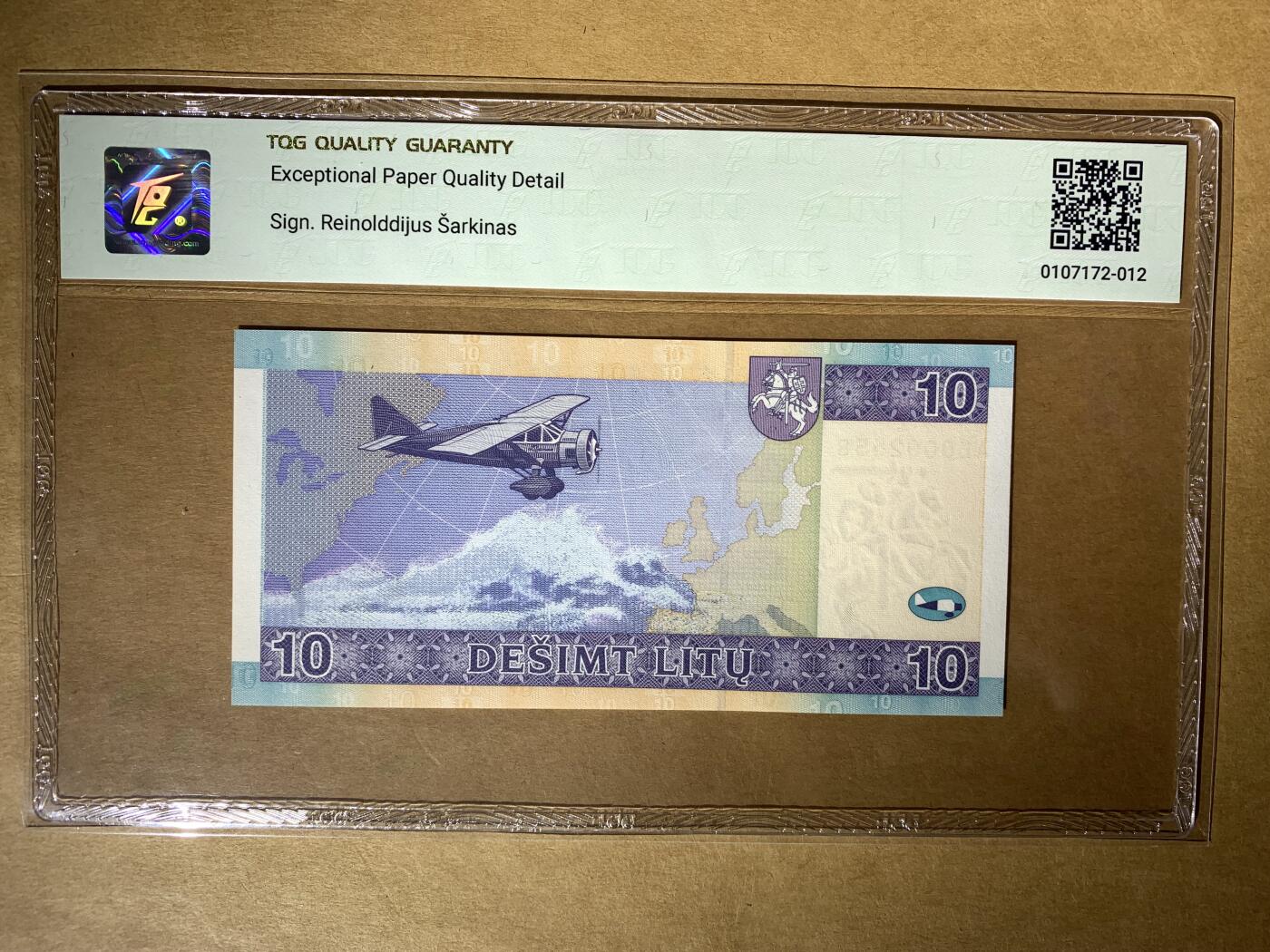 【礼羽收藏】🌏世界钱币拍卖第132期 【AE0002558】2007年立陶宛10立特纸币，Pick#68，AE冠，无347尾558 钻石号，TGG66 EPQD 高分评级
