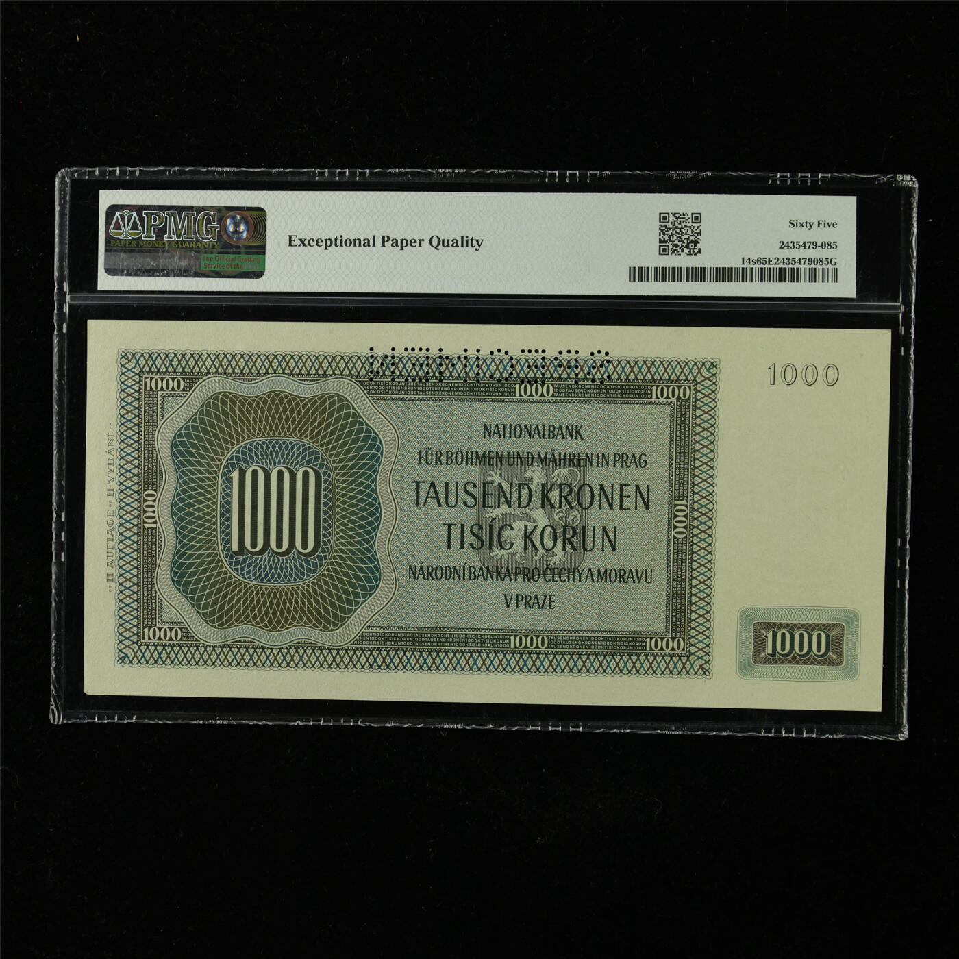 【亘邦集藏】第227期拍卖 1942年 波西米亚和摩拉维亚样钞1000克朗 PMG 65EPQ KC042765