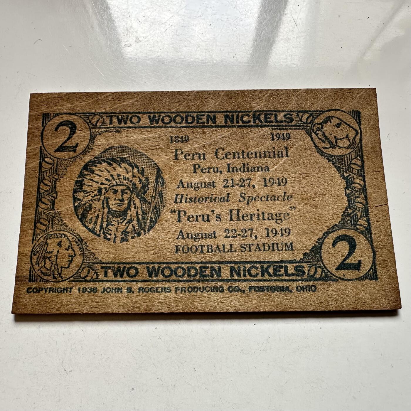 🌹外币初藏🌹🐯2026年第40场   每周二四六晚8️⃣点 世界钱币 美国 1949年 印第安纳州秘鲁市 2元木制 Token 63×100mm