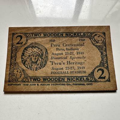 🌹外币初藏🌹🐯2026年第40场   每周二四六晚8️⃣点 世界钱币 - 美国 1949年 印第安纳州秘鲁市 2元木制 Token 63×100mm