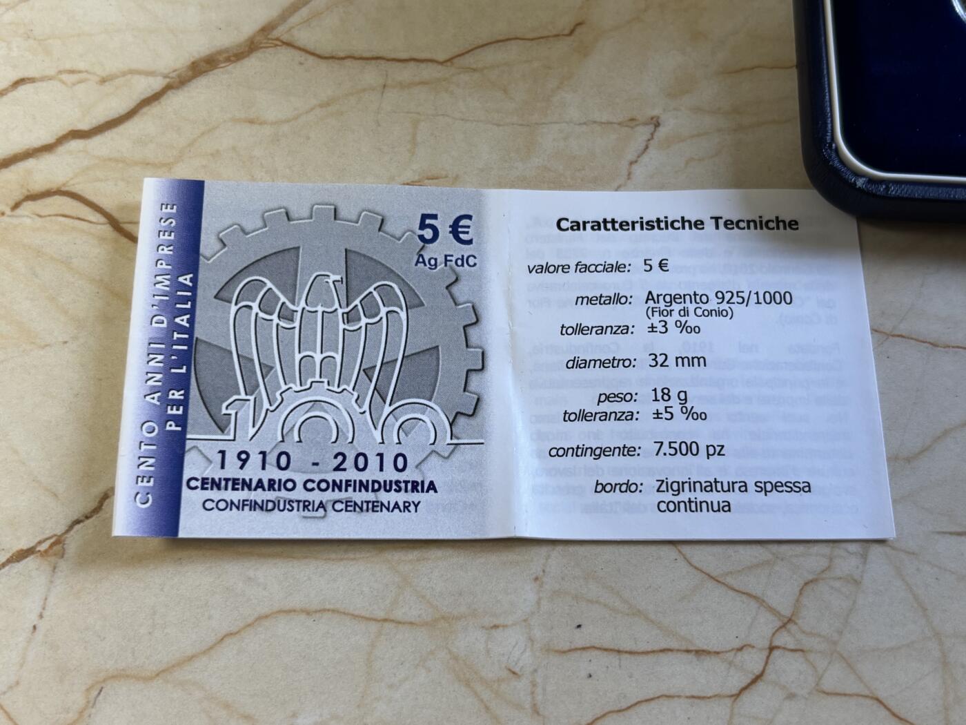 第197期拍卖 意大利2010年工业联合会百年5欧磨砂纪念银币，925银，18克，发行7500枚