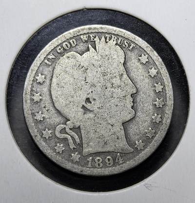 外国优质老铜币纪念币银币专场，周六晚上九点倒数截拍，满百包邮，周日发货,可寄存半年，喜欢朋友微信扫描二维码可直接参拍 - 美国 1894年新奥尔良造币厂（O 标）巴伯 25 美分银币，由查尔斯・巴伯设计，1892-1916 年发行，是美国 19 世纪末流通银币，见证美国货币近代化与南部造币史。