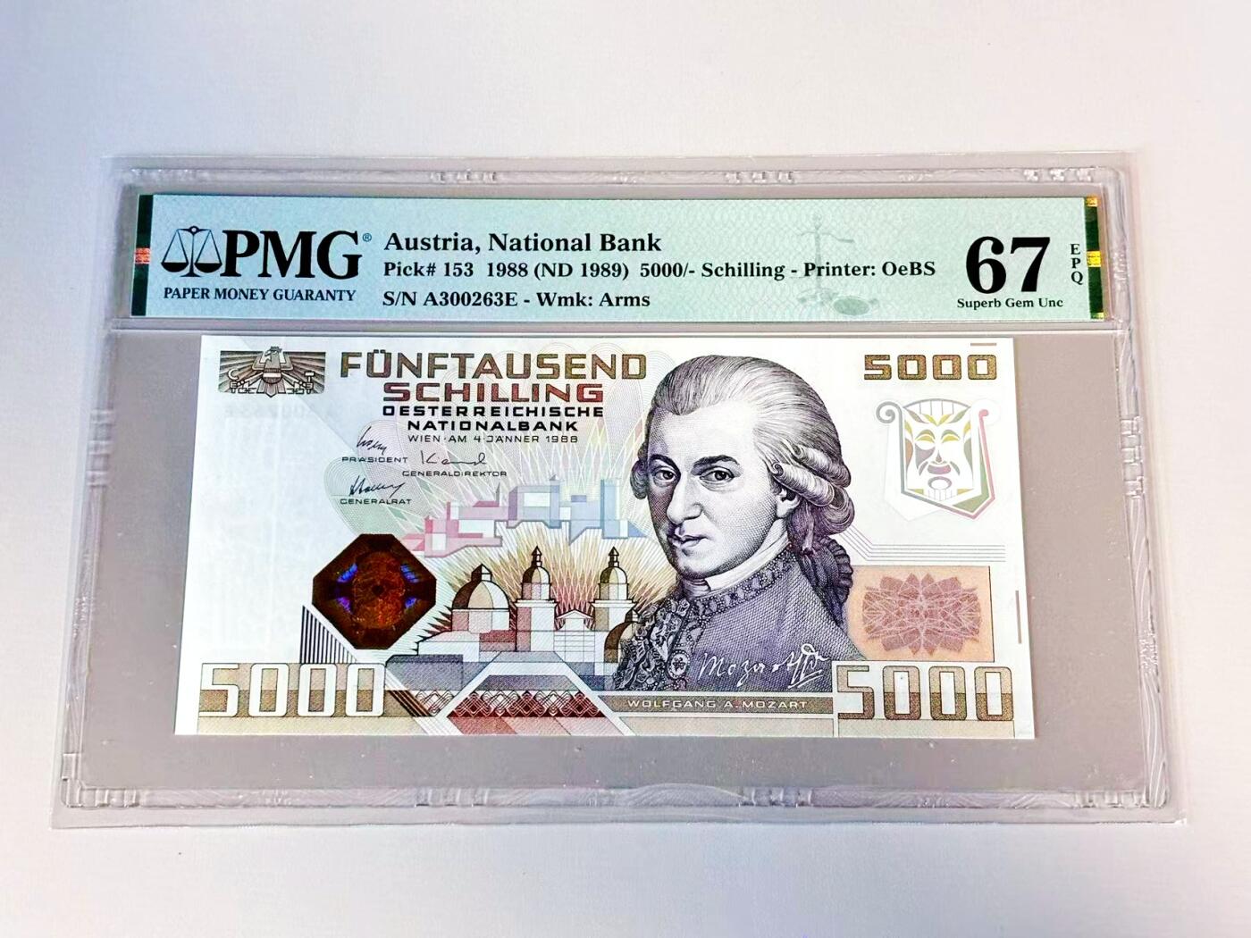 【Blue Auction】世界纸币精拍第807期——18级TOP拍卖/信誉/品质/专业/高效💫    【无47】奥地利 1989年5000先令 音乐家莫扎特 维也纳金色大厅 PMG67EPQ高分