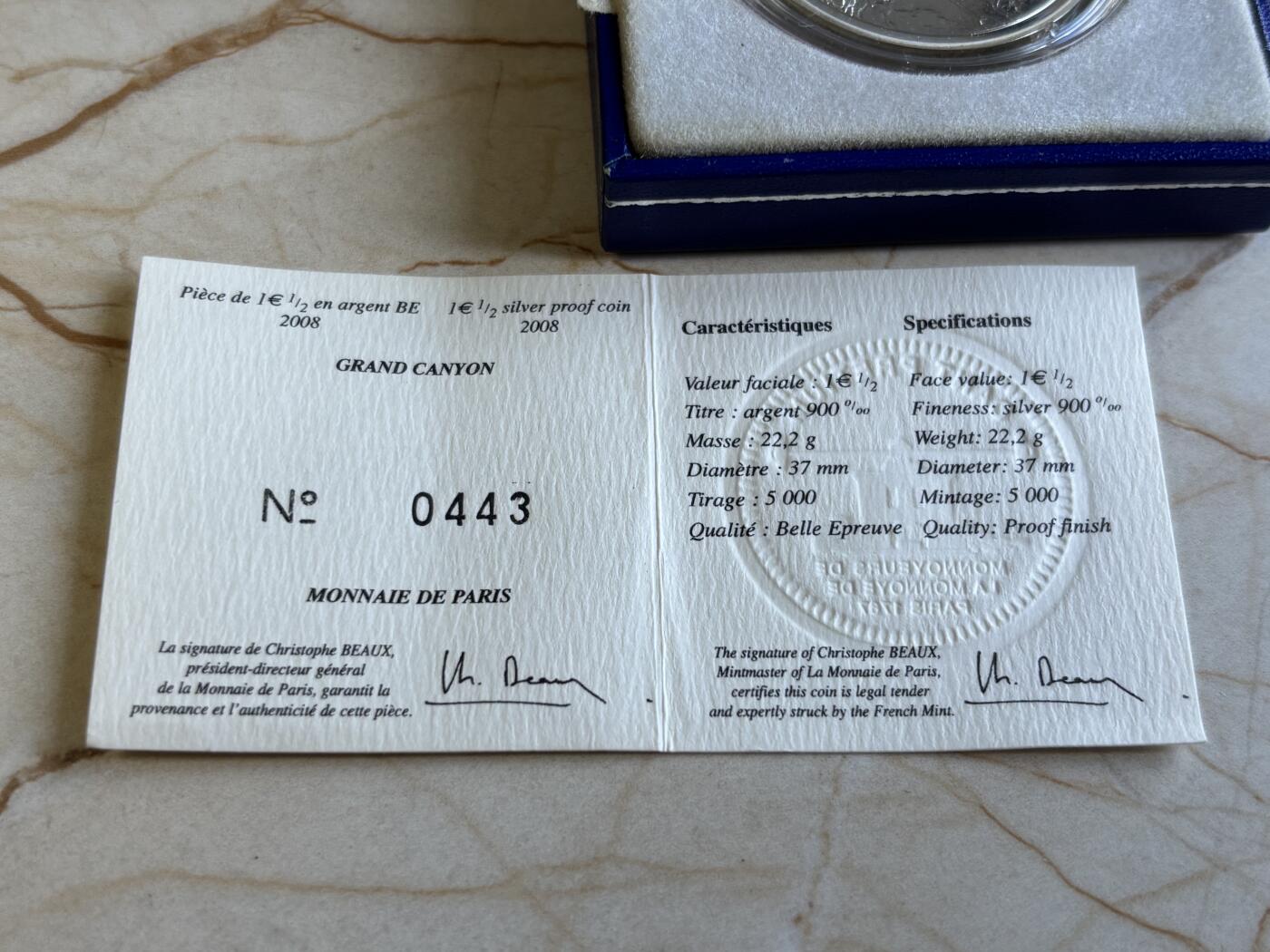 第197期拍卖 法国2008年世界文化遗产美国大峡谷国家公园精制纪念银币，900银，发行5000枚，22.2克，有氧化