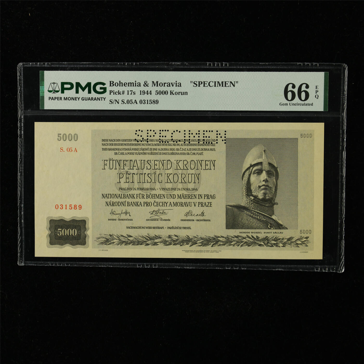 【亘邦集藏】第227期拍卖 1944年 波西米亚和摩拉维亚样钞5000克朗 PMG 66EPQ S.05A 031589