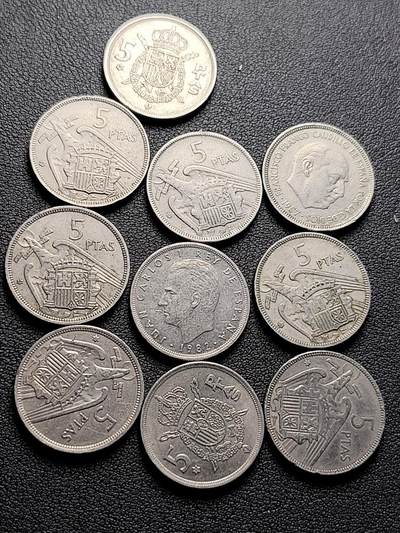 泉币菌-第223场-拍品多 请提前出价(工作原因  发货比较迟缓 已在拍卖规则里面说明 望理解) - 10枚一组 西班牙5比萨塔镍币 两种版本 卡洛斯一世 佛朗哥