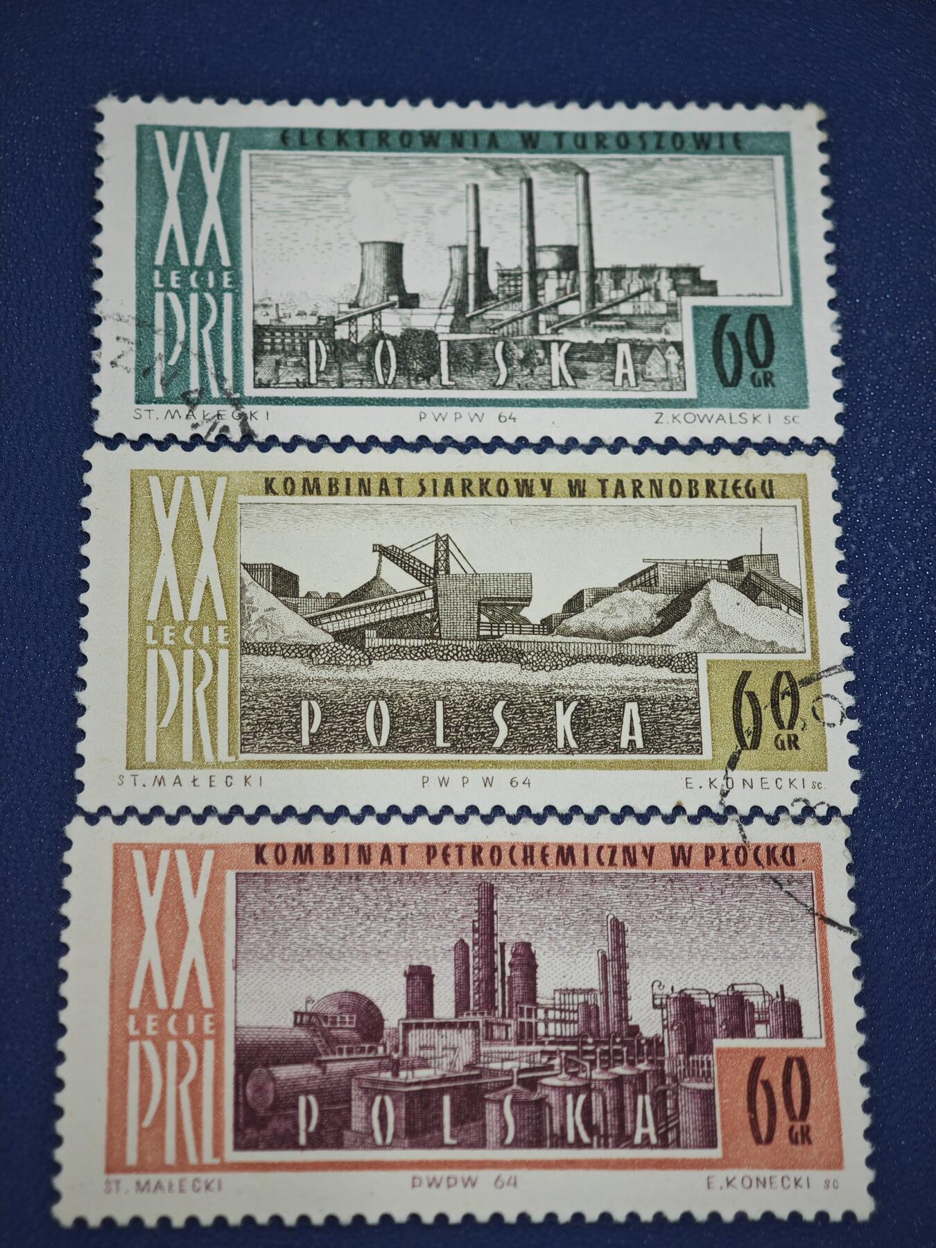 橙子收藏第八期(社会主义国家邮票专场) 波兰1964年发行的波兰人民共和国（PRL）成立20周年工业成就纪念邮票，是其中3枚60格罗希面值的信销票，是冷战时期波兰工业建设的时代缩影