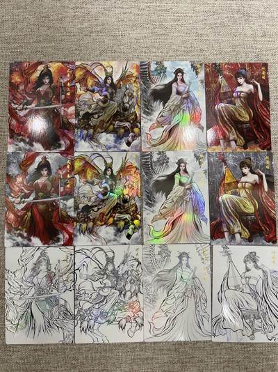 喜灰玩卡拍卖第七期，接拍品0佣金，欢迎送拍，释放现金流，让自己有资金可以购买更多喜欢的卡牌，让别的卡友能淘到更多心仪的卡牌 - 卡德曼 张建东水浒第二弹 特卡 扈三娘，仇琼英、张贞娘、阎婆惜 彩闪 一组12张（原画、水墨、线稿）