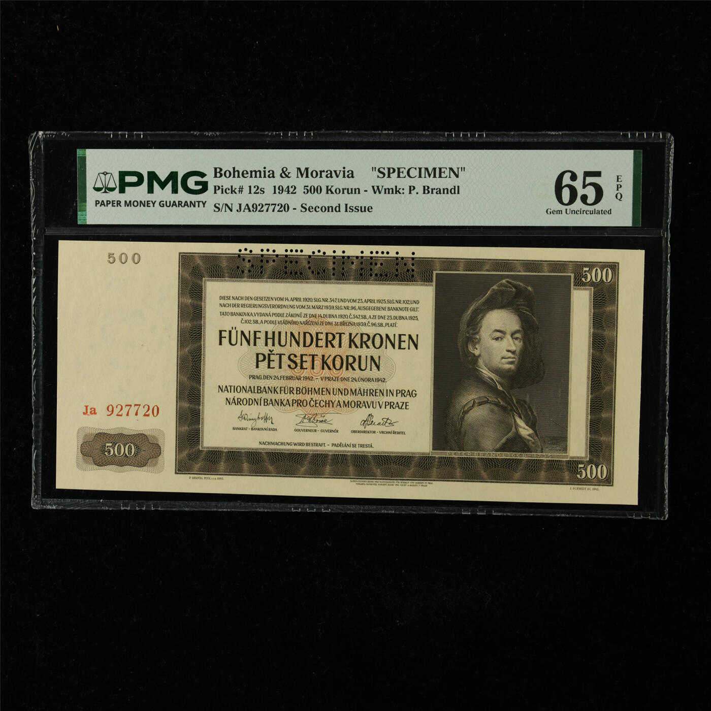 【亘邦集藏】第227期拍卖 1942年 波西米亚和摩拉维亚样钞500克朗 PMG 65EPQ JA927720