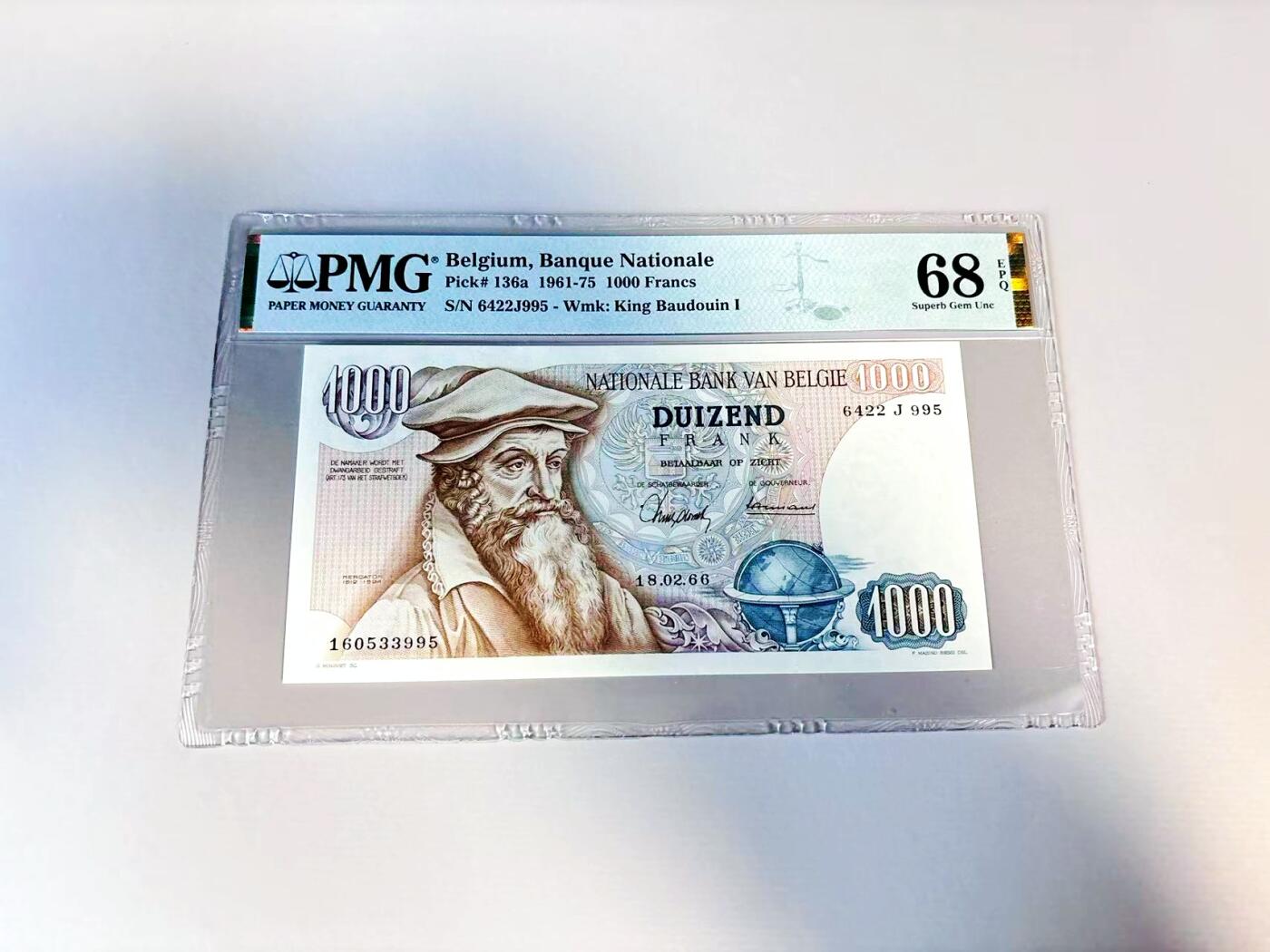 【Blue Auction】世界纸币精拍第807期——18级TOP拍卖/信誉/品质/专业/高效💫 【冠军分 仅4张 无47】比利时 1966年1000法郎 大力神 PMG68EPQ高分