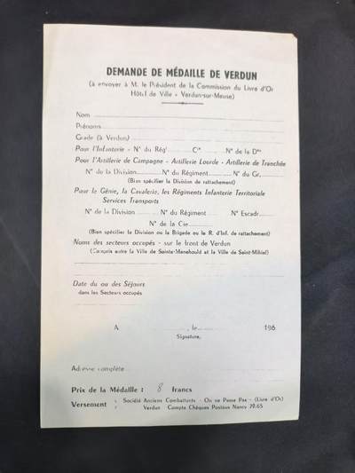云宸嘉赏-勋臻佳藏四月精品甄选场次（低佣 一元一手） - 法兰西第三共和国一战凡尔登战役奖章证书  授予凡尔登战区（范围限定在圣米耶勒 Saint-Mihiel 与圣梅内霍勒 Sainte-Menehould 之间）执行过任务的法军或盟军退伍军人