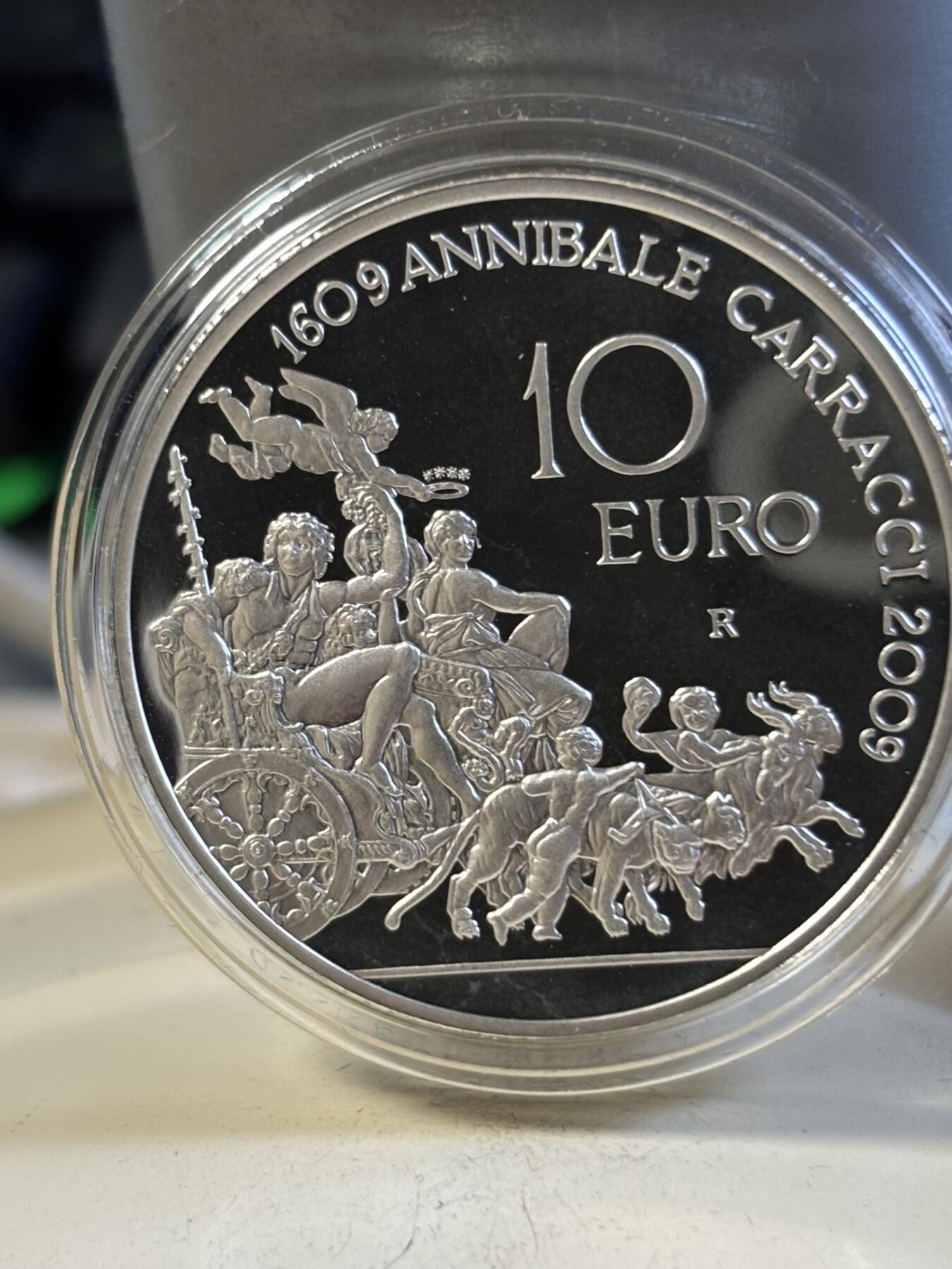 第197期拍卖 意大利2009年画家卡拉奇逝世400周年精制纪念银币，925银，22克，发行9000枚，有氧化