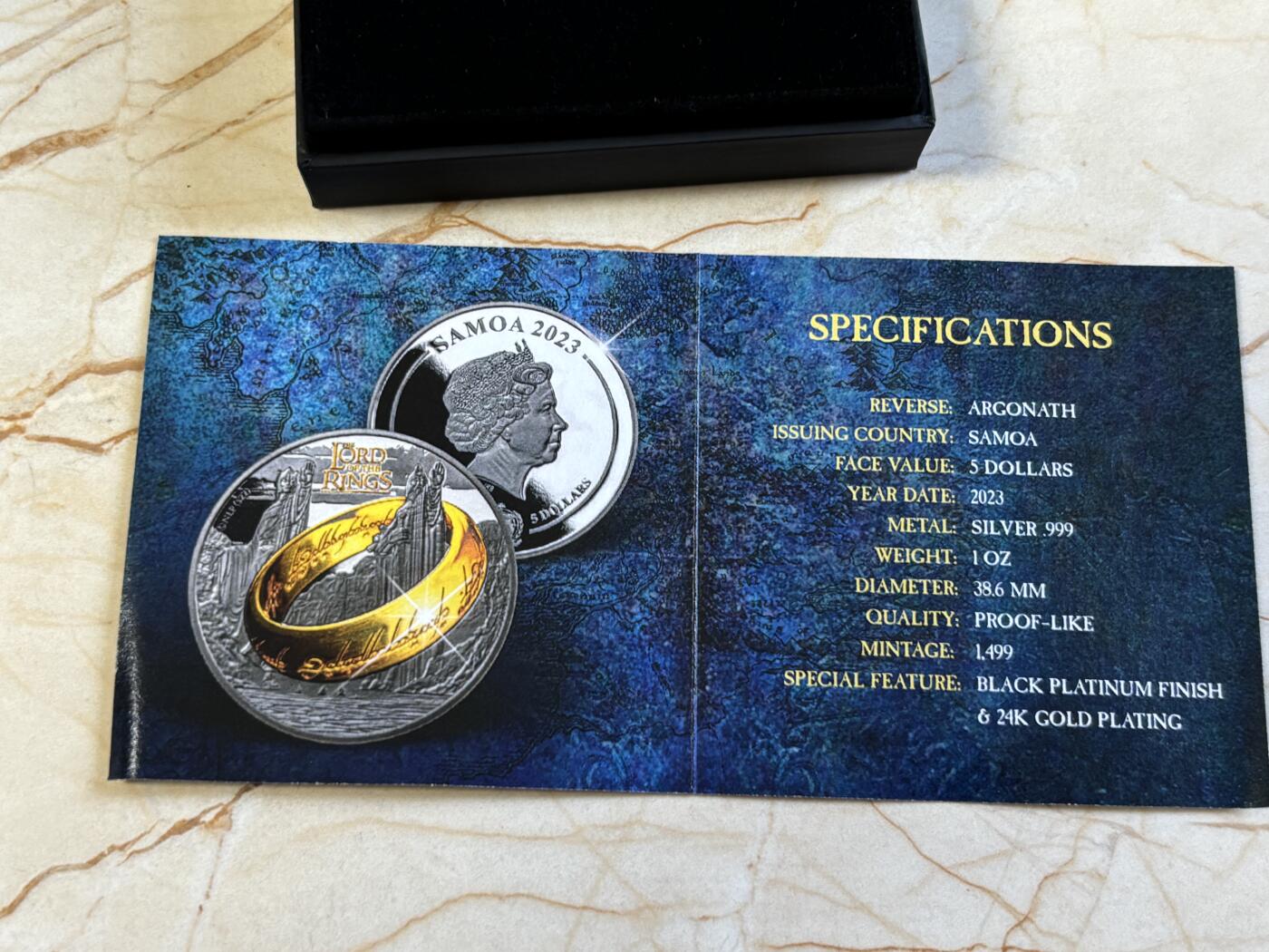 第197期拍卖 萨摩亚2023年指环王系列阿苟纳斯巨像镀金纪念银币，999银镀金，1盎司，发行1499枚，有氧化
