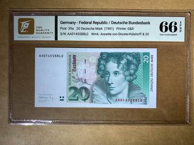 【礼羽收藏】🌏世界钱币拍卖第132期 - 【AA0145588L0】1991年德国联邦银行20马克纸币，Pick#39a，AA冠，TOG66 GEM UNC 高分评级