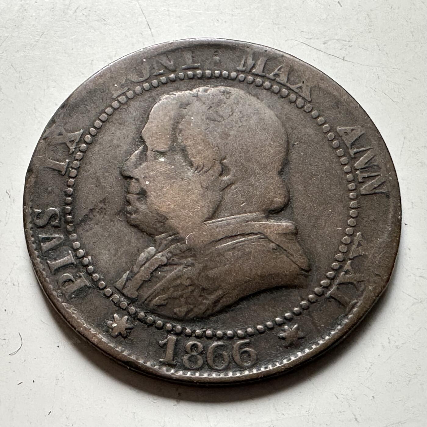 🌹外币初藏🌹🐯2026年第40场   每周二四六晚8️⃣点 世界钱币 梵蒂冈（教皇国） 1866年 庇护九世 1索尔多铜币 