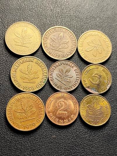 泉币菌-第223场-拍品多 请提前出价(工作原因  发货比较迟缓 已在拍卖规则里面说明 望理解) - 9枚一组 联邦德国 多面值 芬尼硬币 橡树麦穗银行版 混合年份 