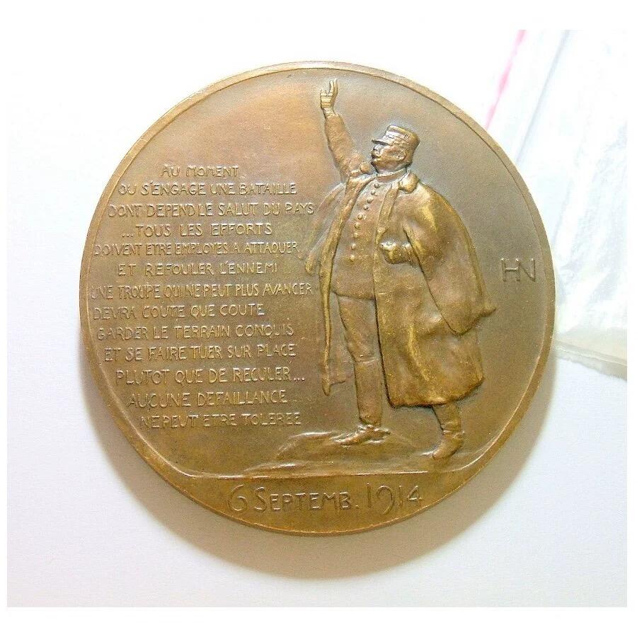 【艺术】法国艺术大章1914年 一战名将霞飞元帅马恩河战役战前演讲 高浮雕精制超大铜章 68MM 138克   