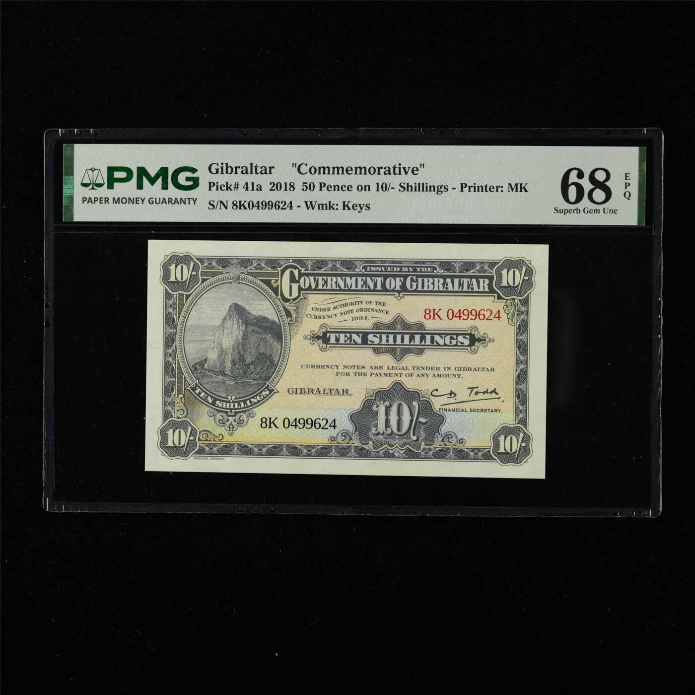 【亘邦集藏】第226期拍卖 2018年 直布罗陀纪念钞10先令 PMG 68EPQ 8K0499624