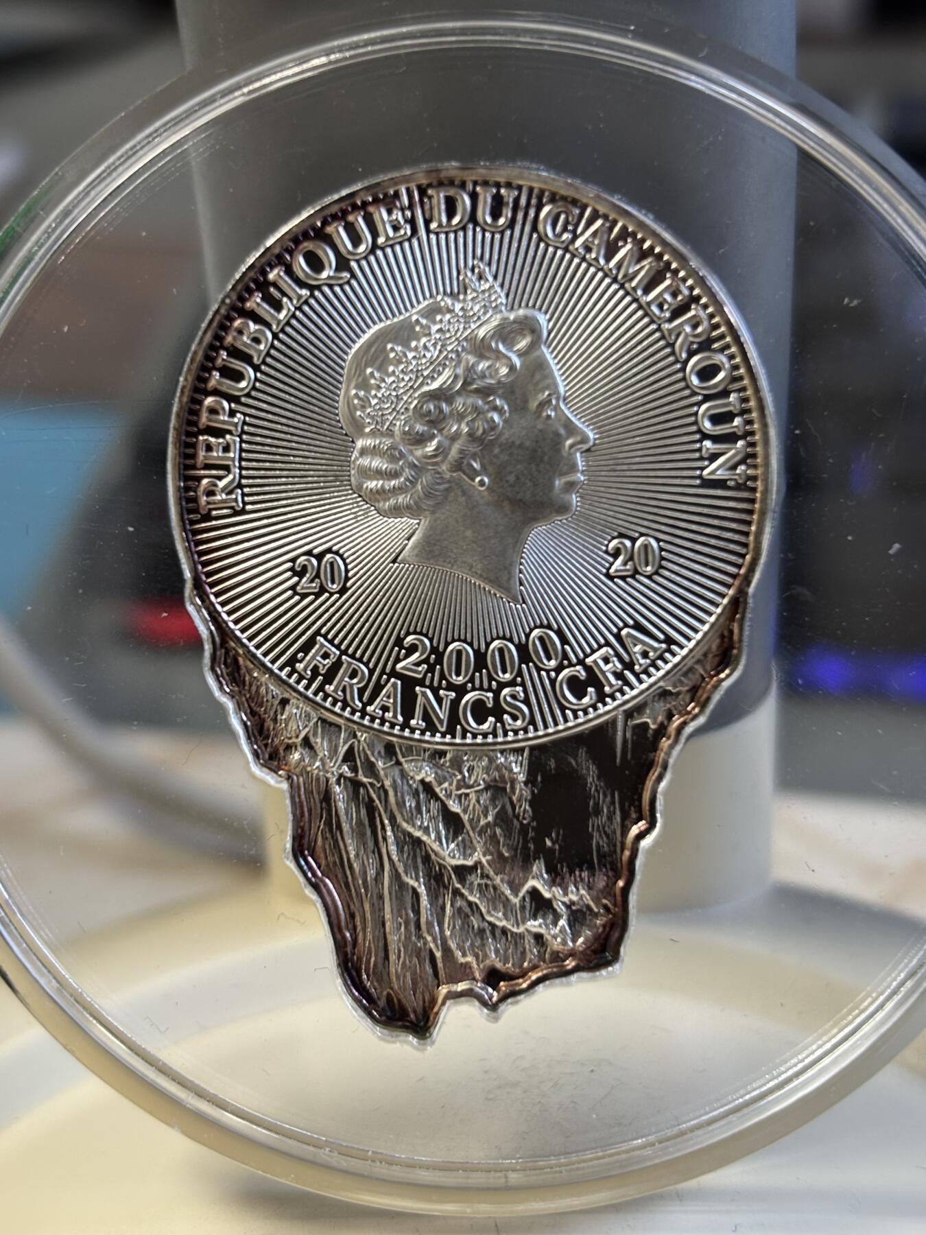 第197期拍卖 喀麦隆2020年世界地球日50周年异形彩色纪念银币，999银，发行2000枚，有氧化