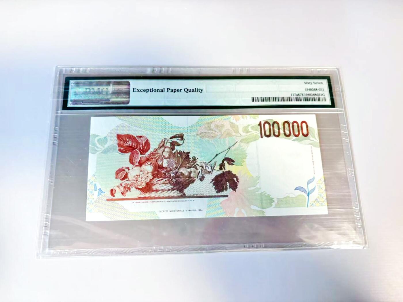 【Blue Auction】世界纸币精拍第807期——18级TOP拍卖/信誉/品质/专业/高效💫 意大利 1994年10万里拉 PMG67EPQ