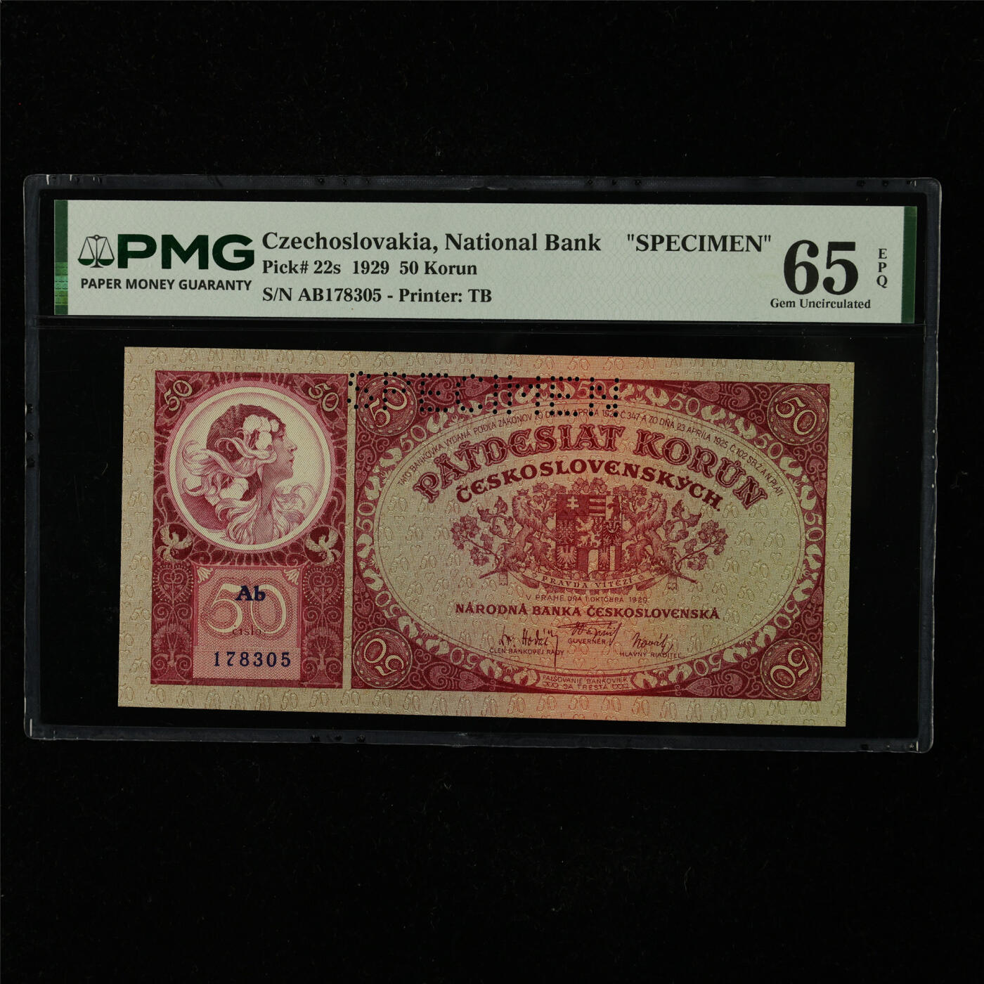 【亘邦集藏】第227期拍卖 1929年 捷克斯洛伐克国家银行样钞50克朗 PMG 65EPQ AB178305