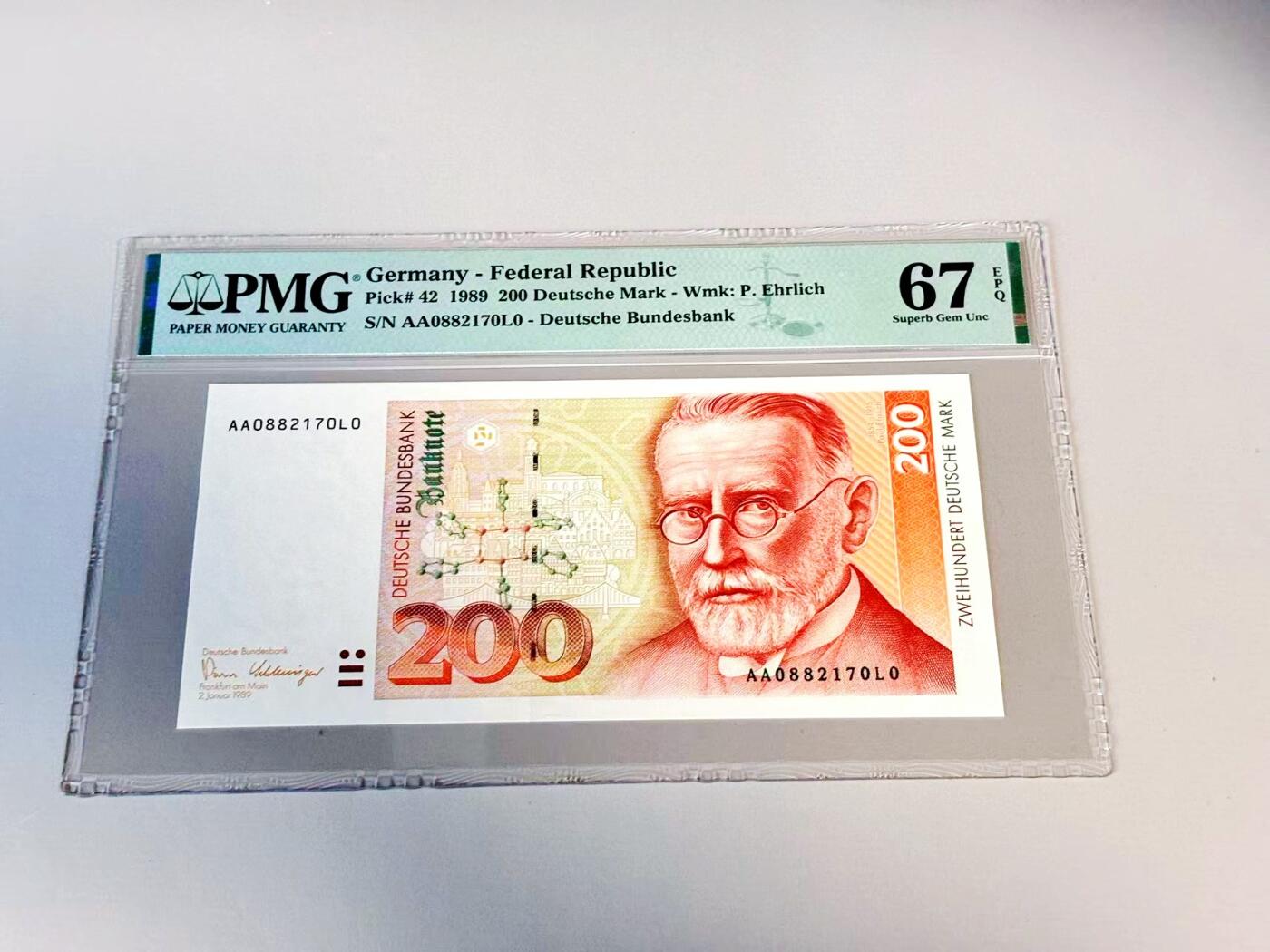 【Blue Auction】世界纸币精拍第807期——18级TOP拍卖/信誉/品质/专业/高效💫 【初版AA0冠】德国 1989年200马克 PMG67EPQ 高分 