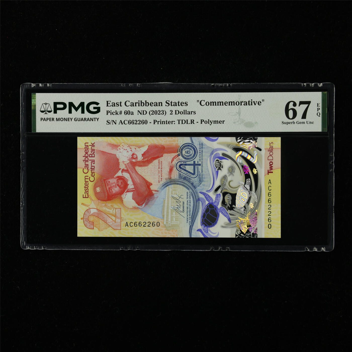 【亘邦集藏】第227期拍卖 2023年 东加勒比海纪念钞2元 PMG 67EPQ AC662260