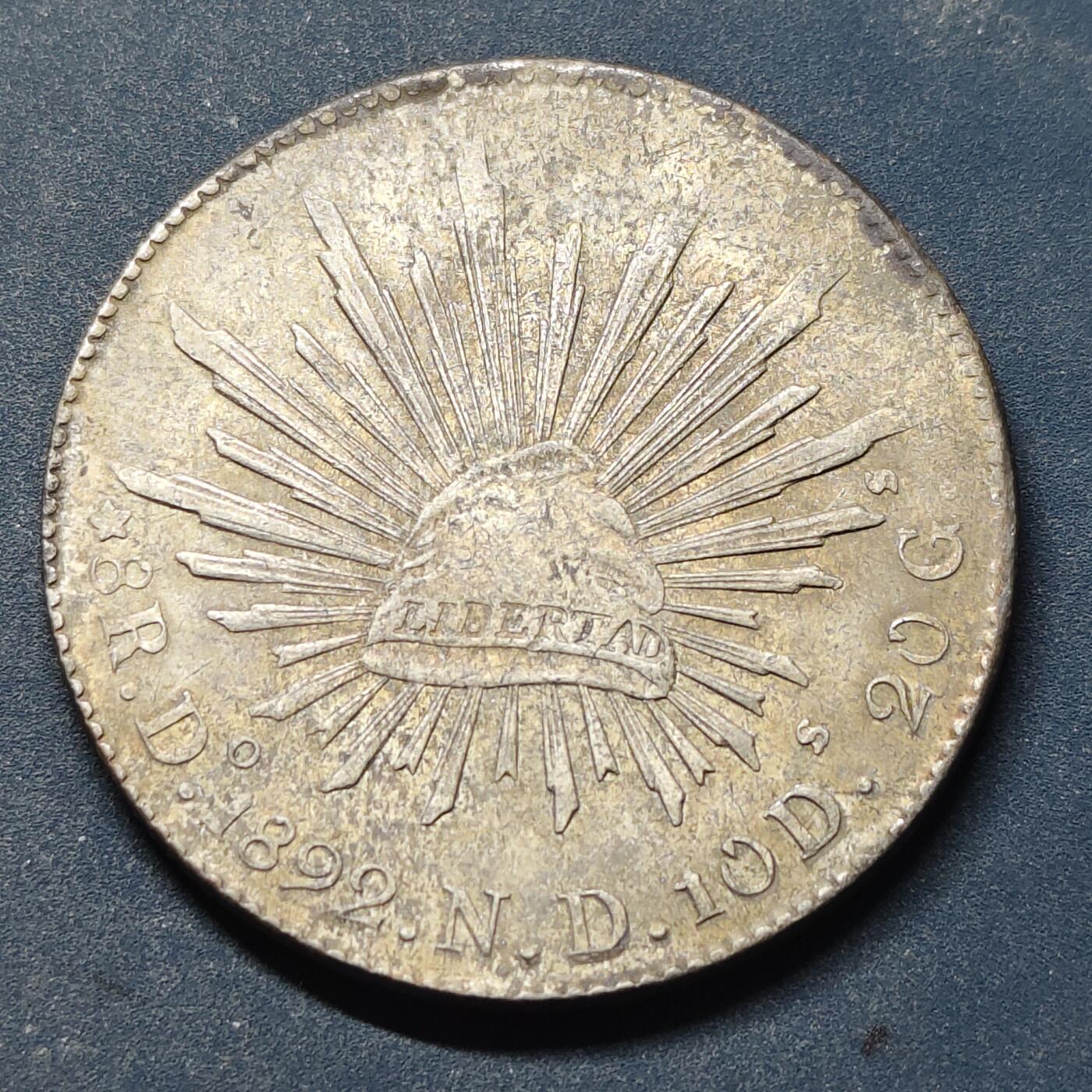 【全场包邮】纯粹捡漏拍519场 墨西哥1892年8瑞尔花边鹰洋银币-杜兰戈州（Do）厂【28.9毫米27.07克90.3%】-B